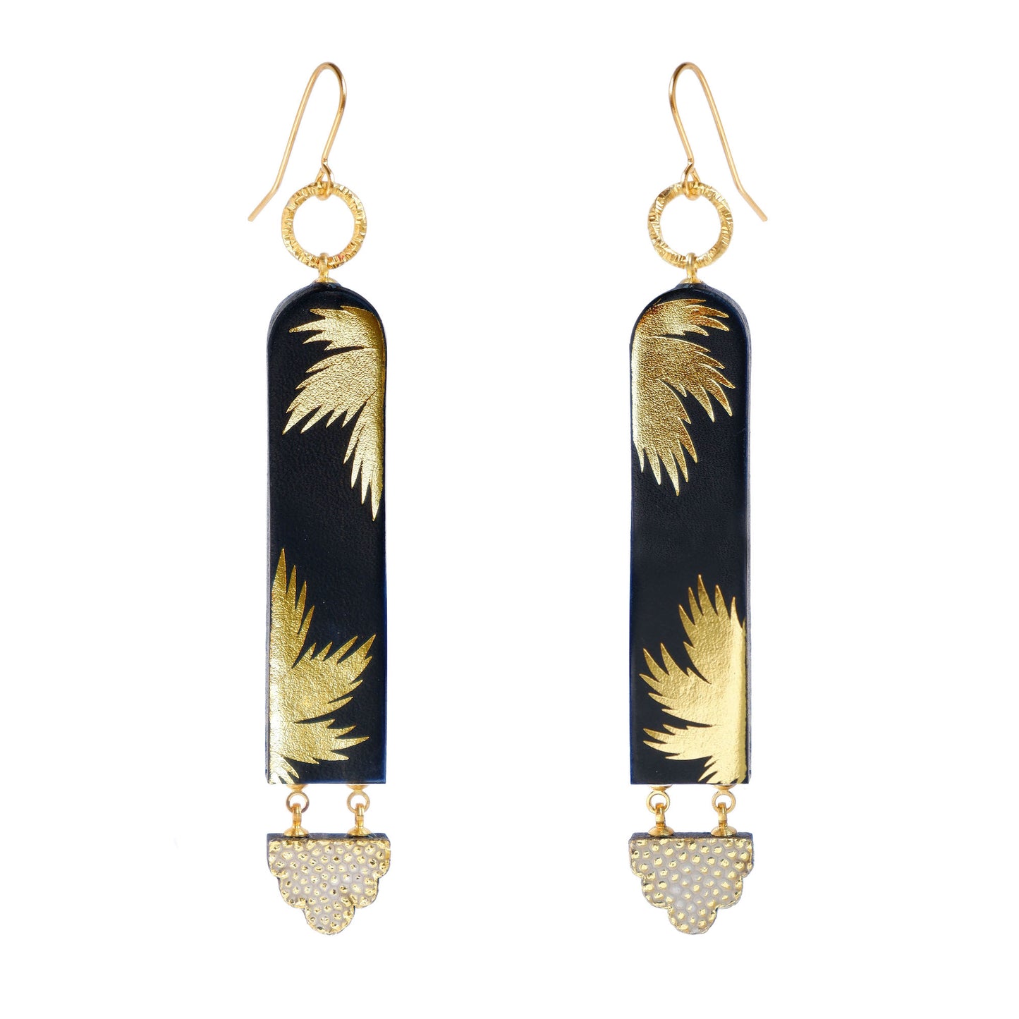 long drop hook earrings - arched strips in black leather, printed with gold palm trees