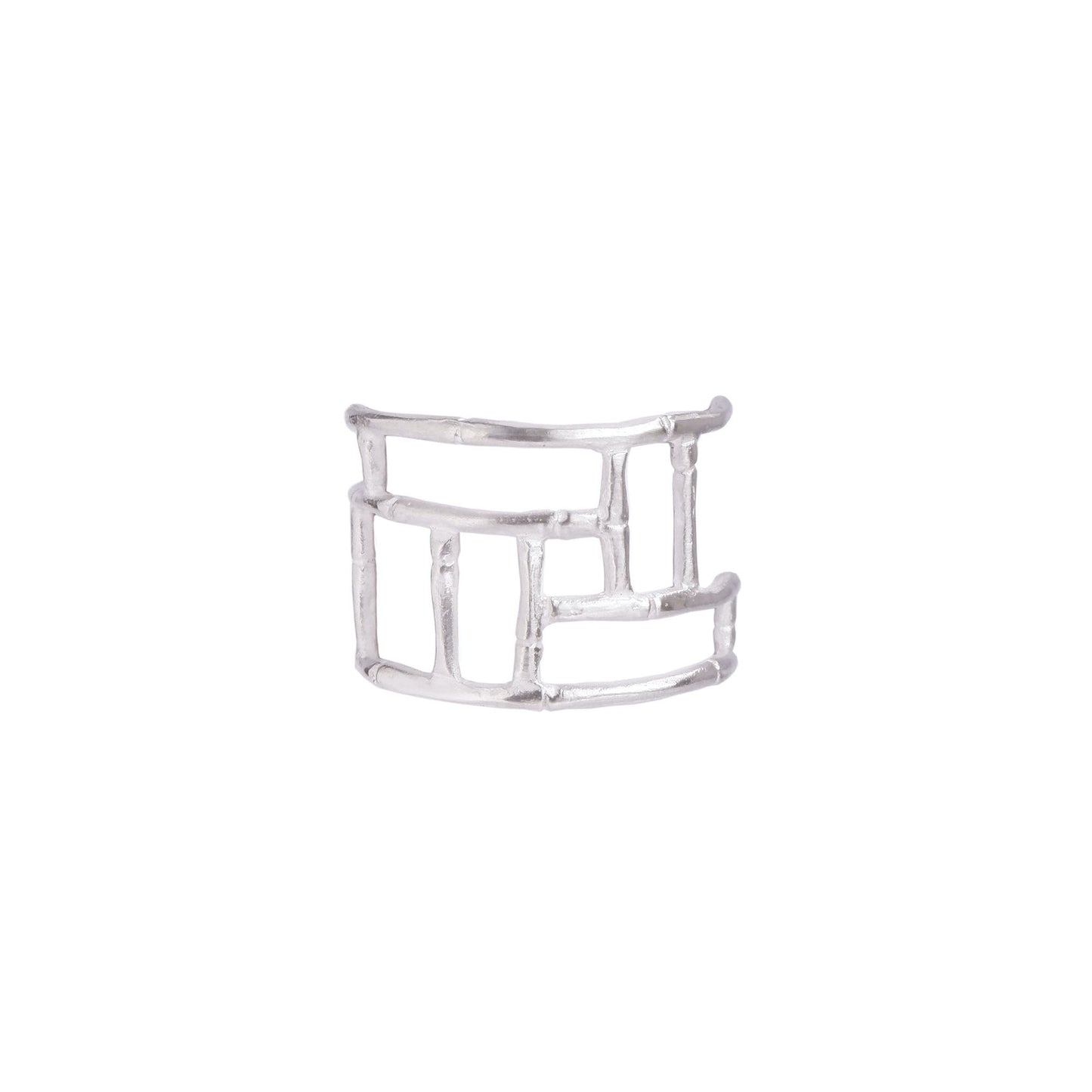 Wide Sterling Silver ring with geometric open-work Bamboo screen design, on a white background