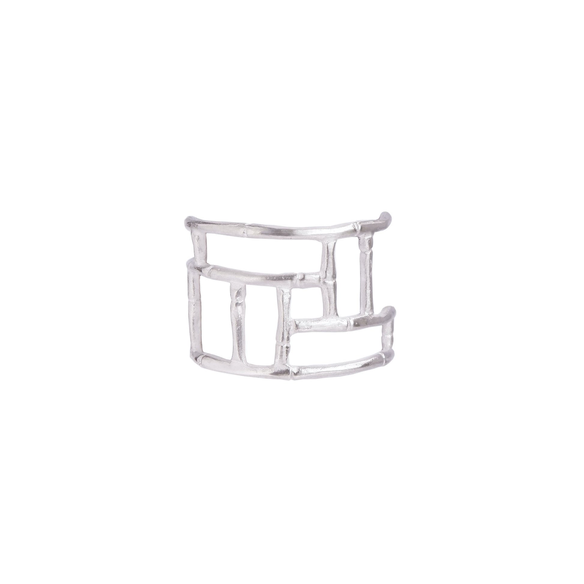 Wide Sterling Silver ring with geometric open-work Bamboo screen design, on a white background