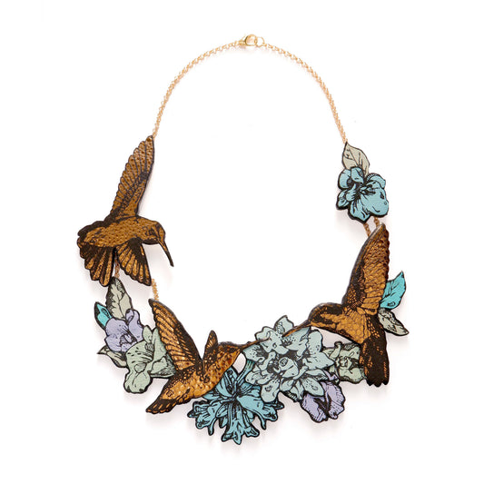 Hummingbird Necklace in collaged screen-printed coloured leather, on gold plated chain.