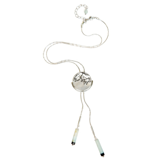 engraved mother of pearl full moon medallion bolo necklet, with sterling silver beaded snake chain and gemstone tips. 