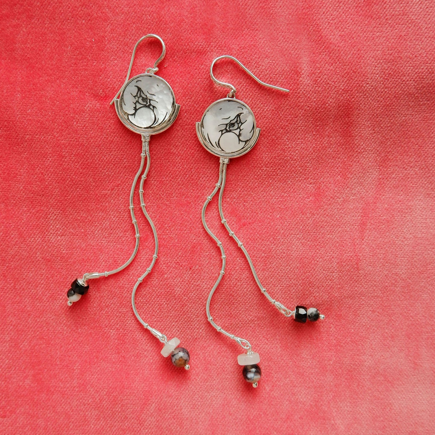 sterling silver beaded snake chain tassel earrings, with engraved mother of pearl full moon discs, and gemstone bead tips.