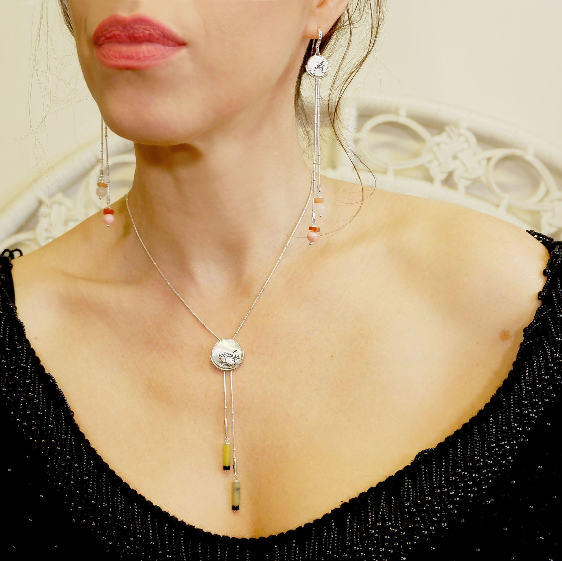 Volta mother of pearl full moon bolo lariat neklace & matching tassel earrings in sterling silver, on model