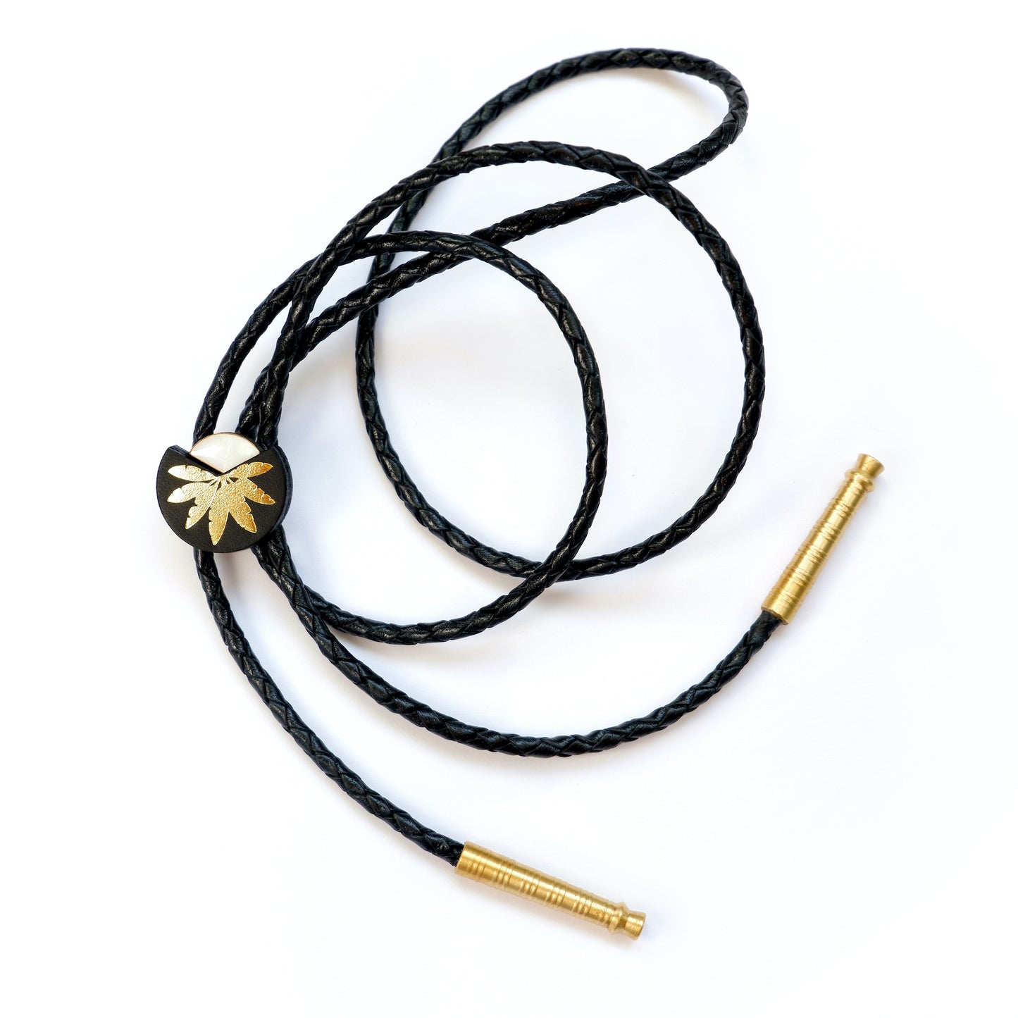 Black leather bolo tie with gold palm print, mother of pearl accent & brass tips