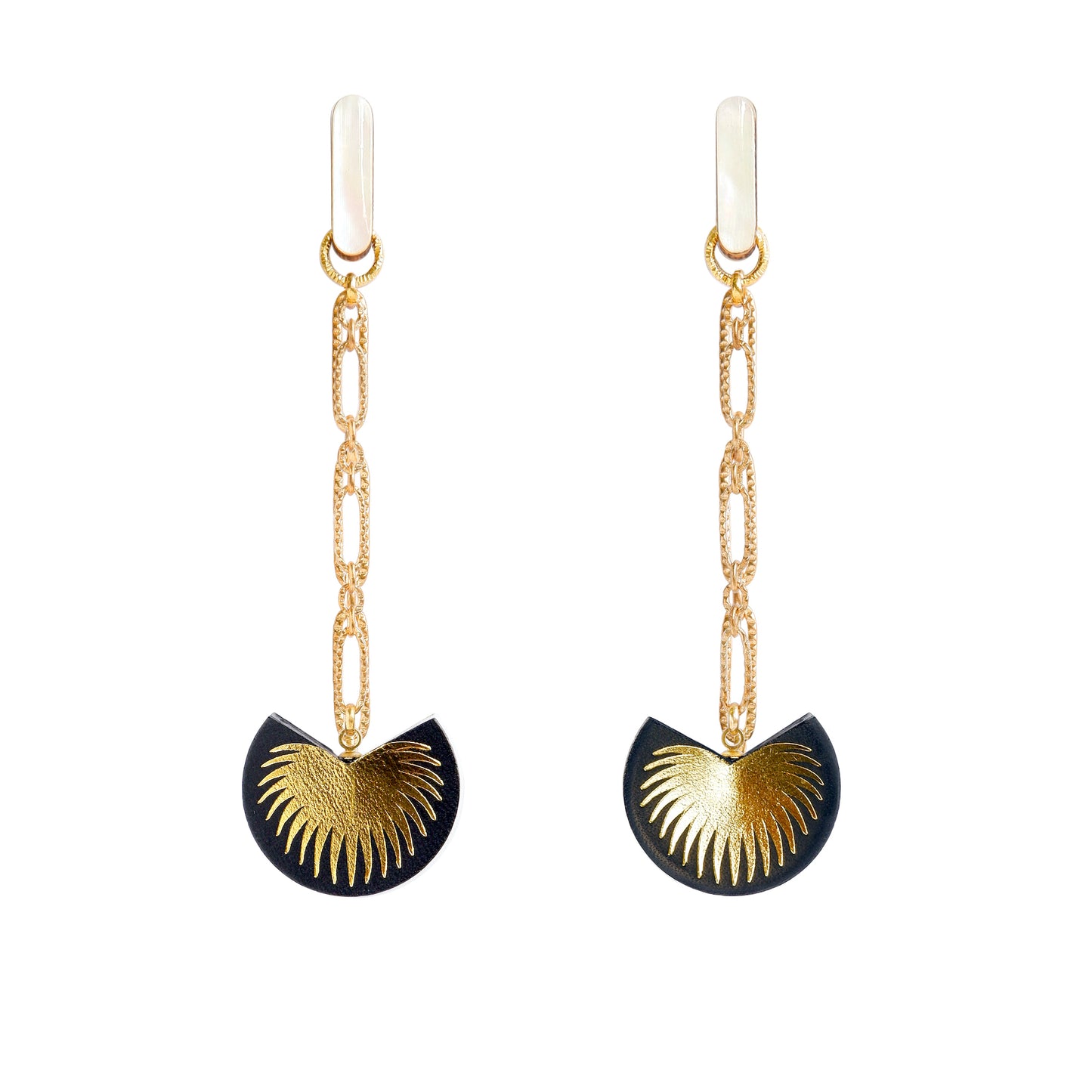 palm tree drop earrings. black leather medallions with gold palm print, on longl-link chain from long mother of pearl studs