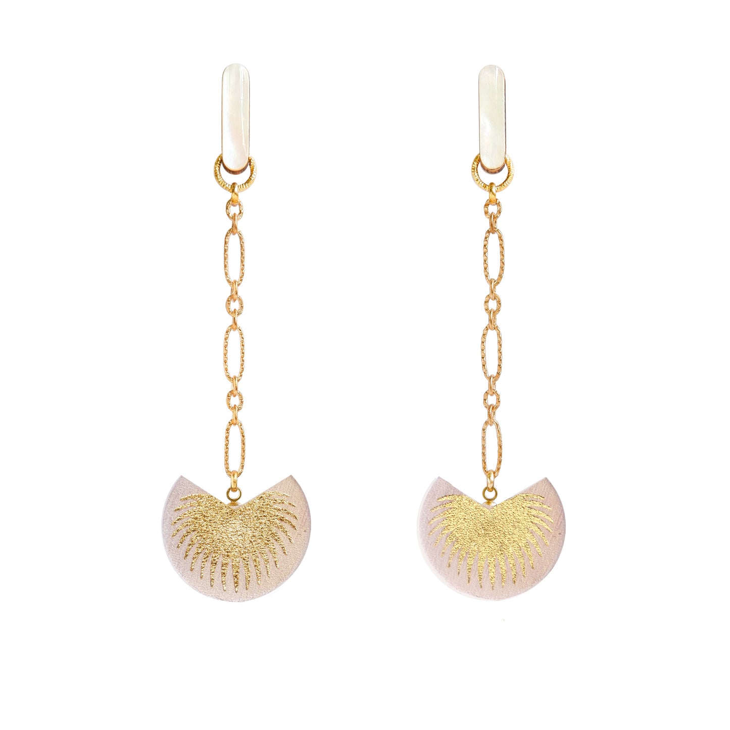 palm tree drop earrings. lilac leather medallions with gold palm print, on longl-link chain from long mother of pearl studs