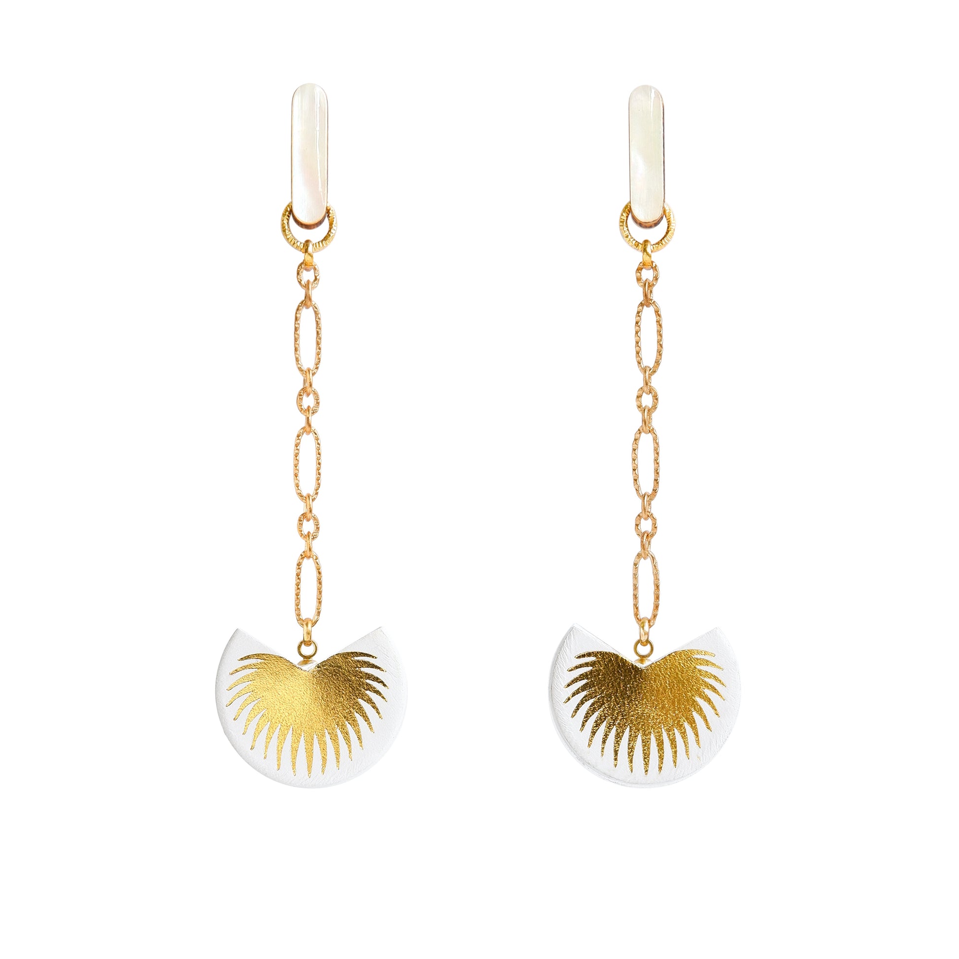 palm tree drop earrings. White leather medallions with gold palm print, on longl-link chain from long mother of pearl studs