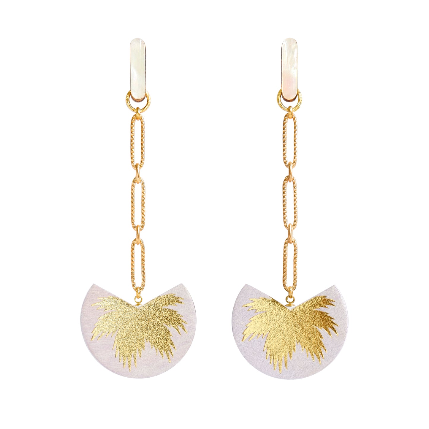 palm tree drop earrings. lilac leather medallions with gold palm print, on longl-link chain from long mother of pearl studs