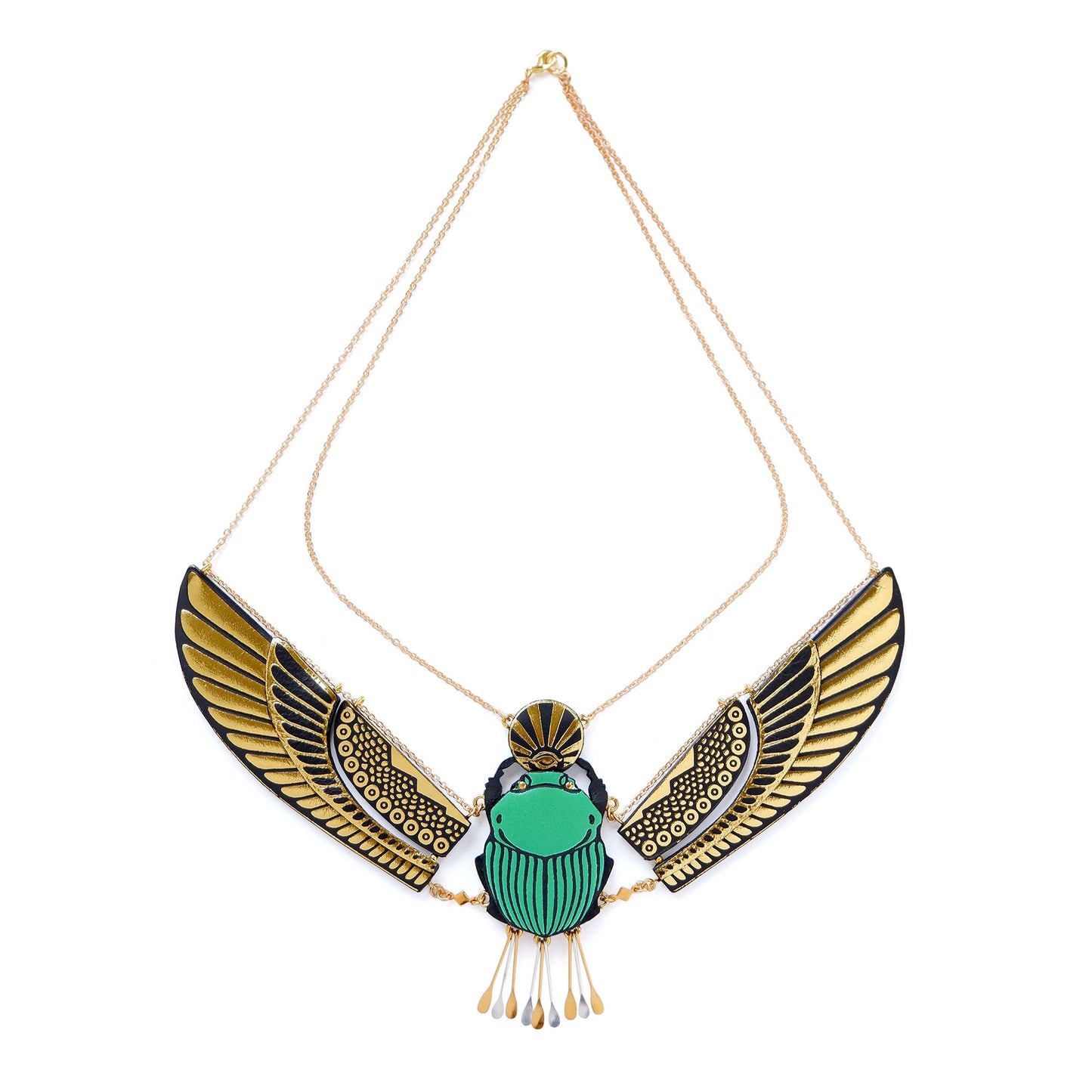 jade green sacred scarab necklace with gold wings. Made from printed leather, on fine gold chain