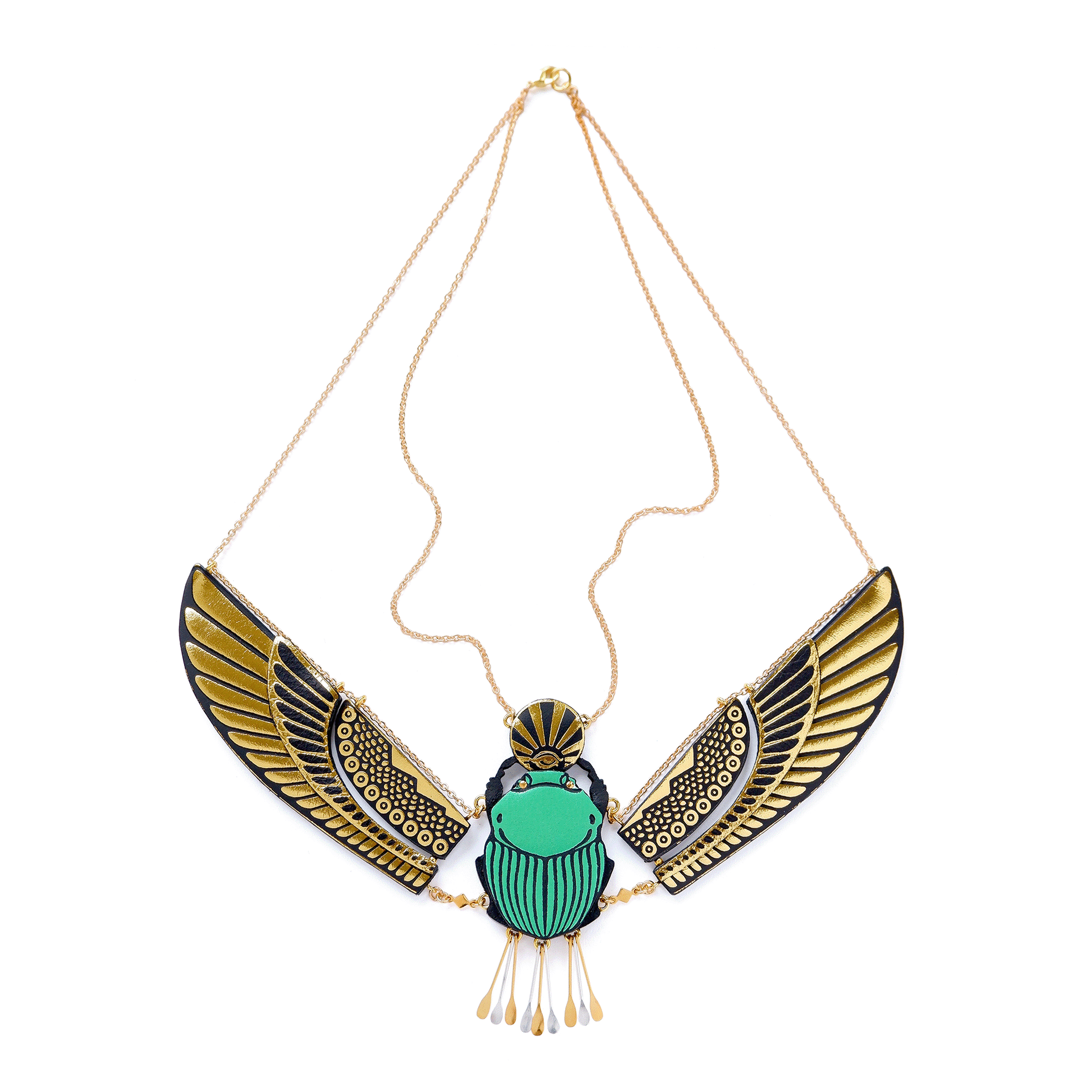 jade green sacred scarab necklace with gold wings. Made from printed leather, on fine gold chain