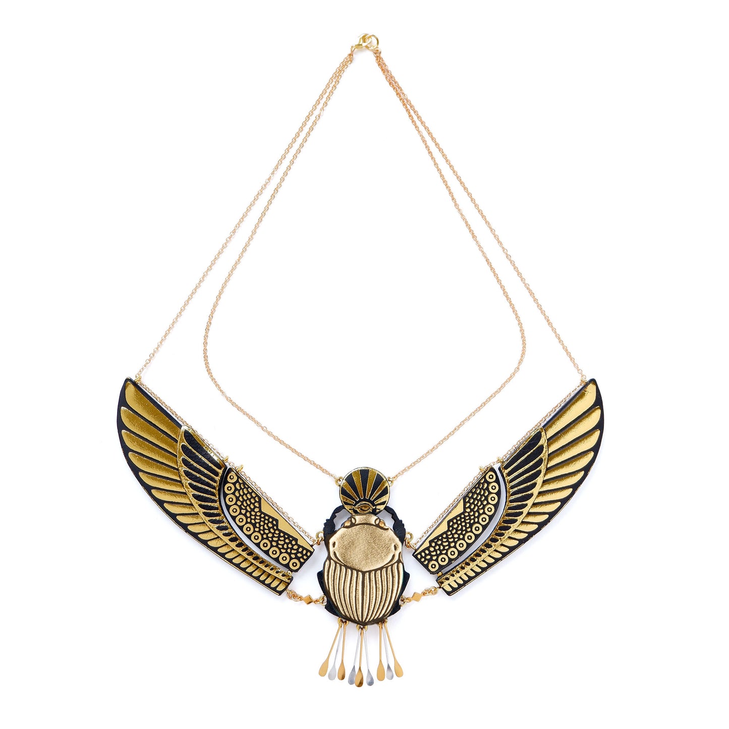 gold sacred scarab necklace with gold wings. Made from printed leather, on fine gold chain
