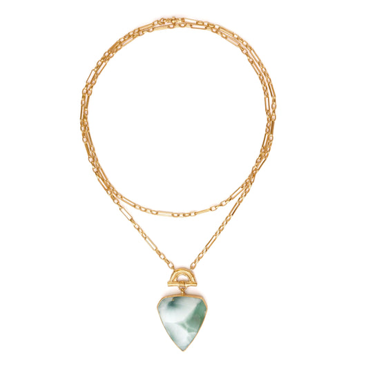 Pendant with large shield shaped green hemimorphite gemstone hanging from Gold Bamboo Arch, a long doubled gold chain. White Background