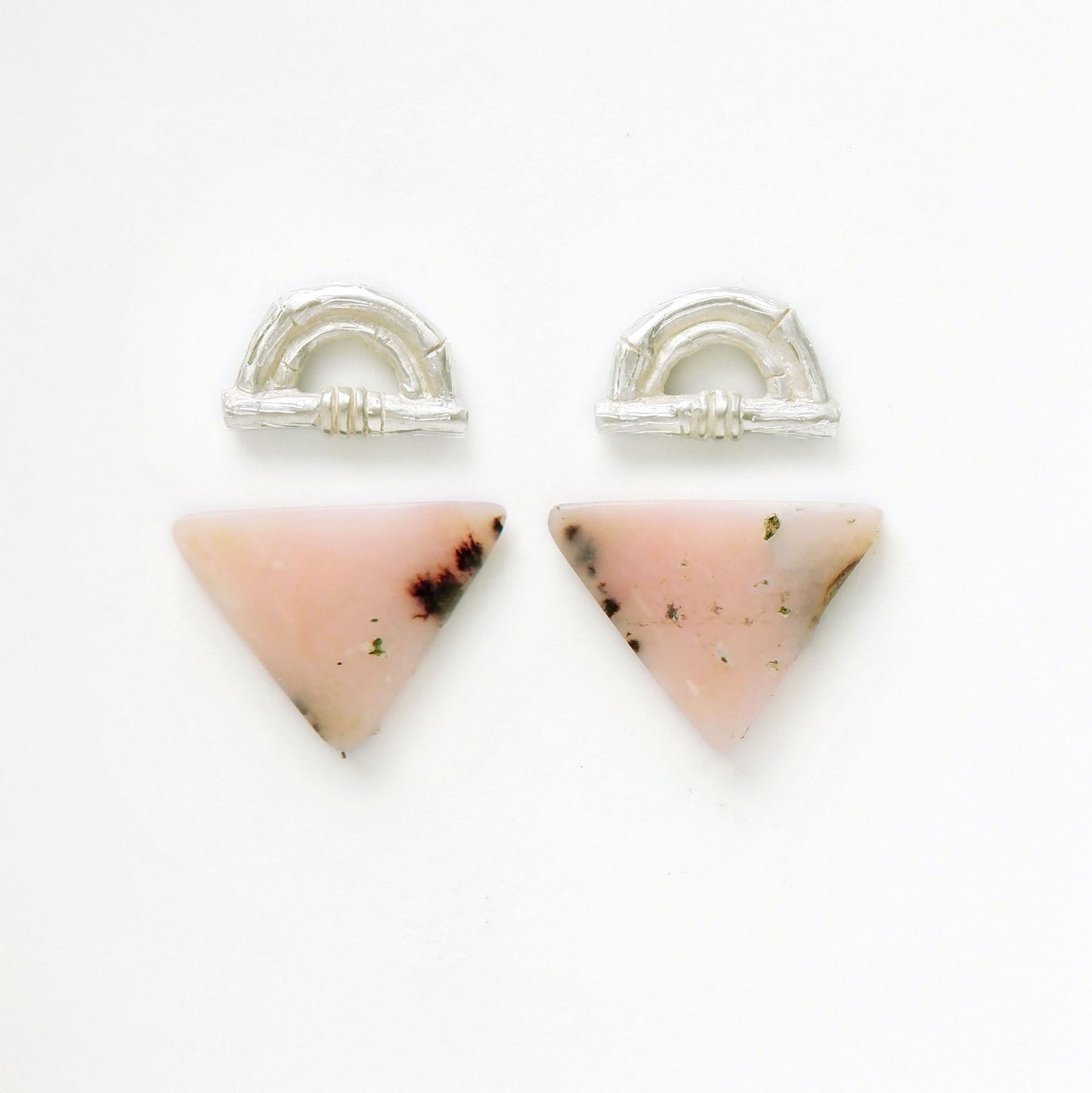 Sterling Silver bamboo sunrise arch design pieces (earring tops) with pointed pale pink opal gemstone cabochons 