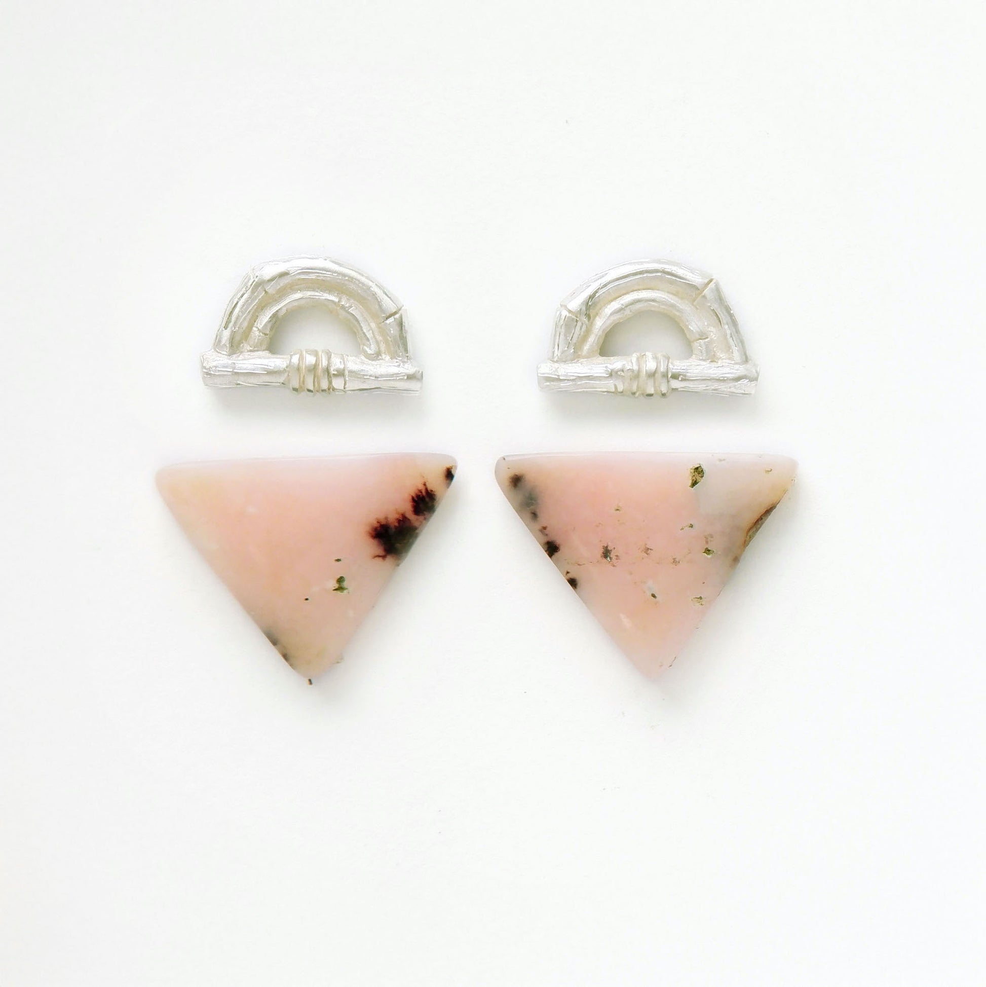Sterling Silver bamboo sunrise arch design pieces (earring tops) with pointed pale pink opal gemstone cabochons 