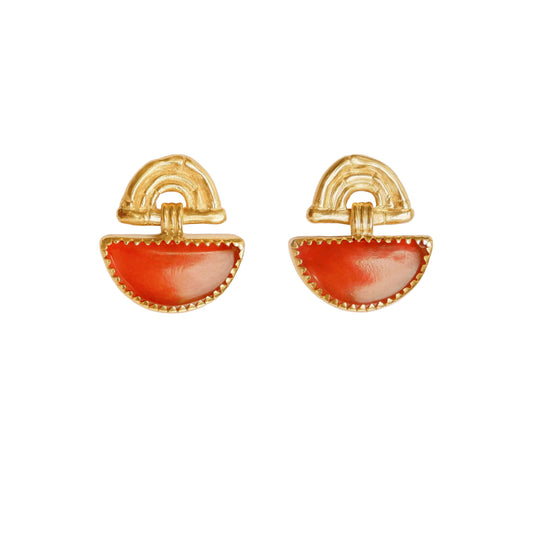 small stud earrings in gold vermeil, featuring triple arches of bamboo, hung with a half moon shaped Carnelian gemstone, set with gold teeth.