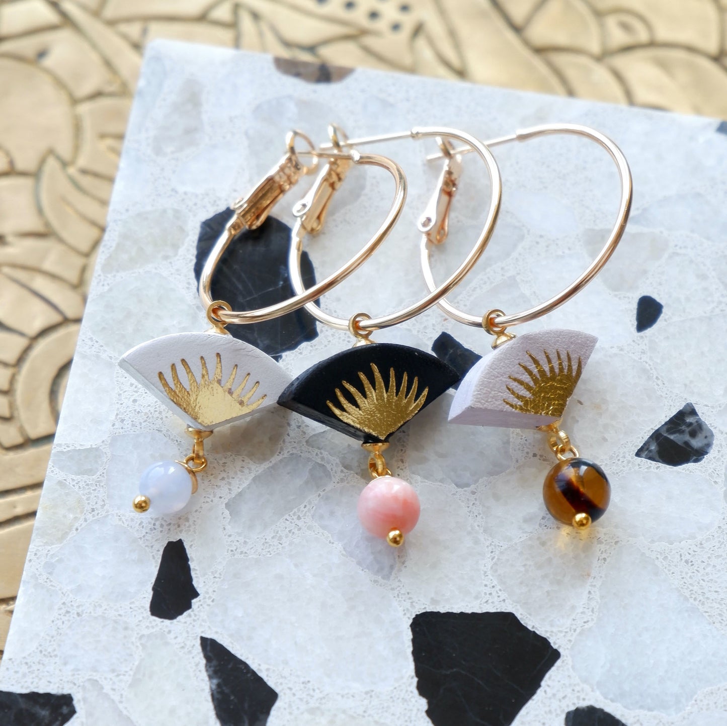 white, black,  lilac & gold palm print leather gold  hoop earrings with coloured glass & gemstone beads