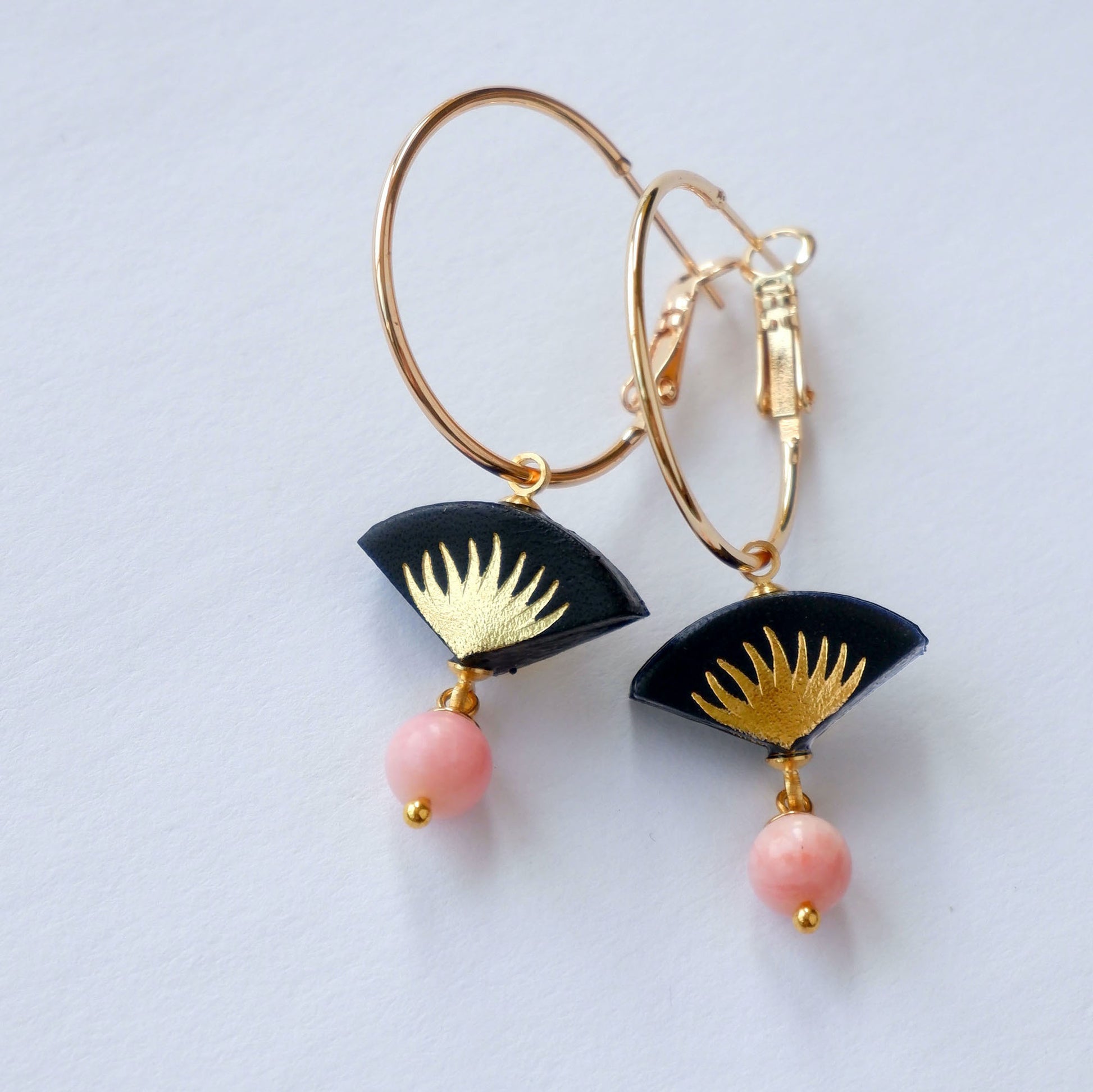 black & gold palm print leather gold  hoop earrings with pink bead