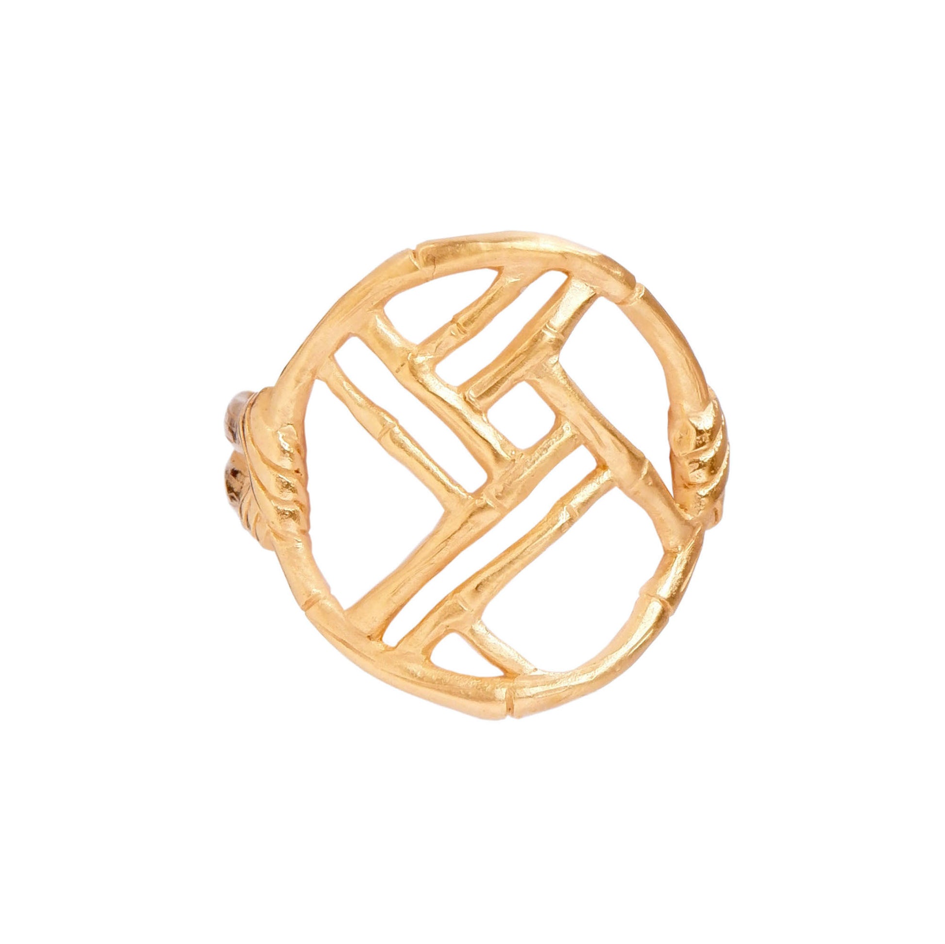 Gold ring with geometric open-work Bamboo Circle screen design, on a white background