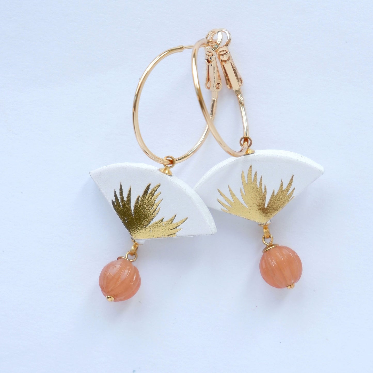 white & gold palm print leather gold  hoop earrings with pink bead