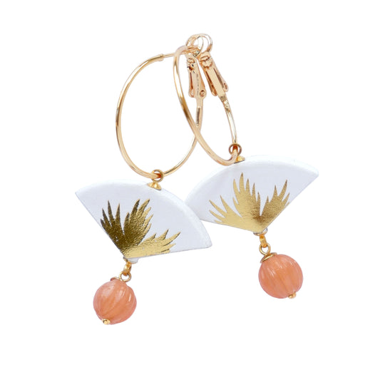 white & gold palm print leather gold  hoop earrings with pink bead