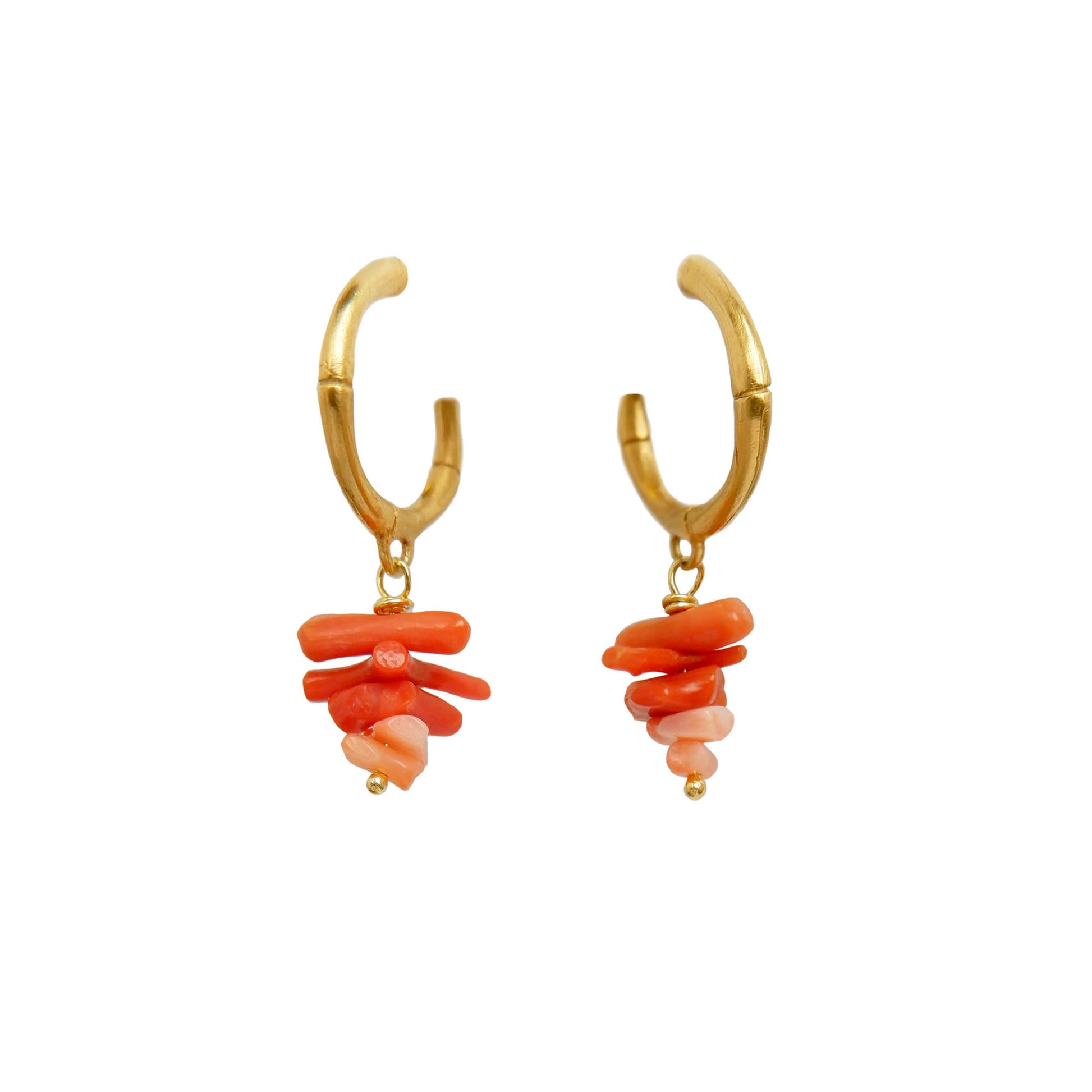 small gold bamboo hoops, with stacked coral branch bead charms