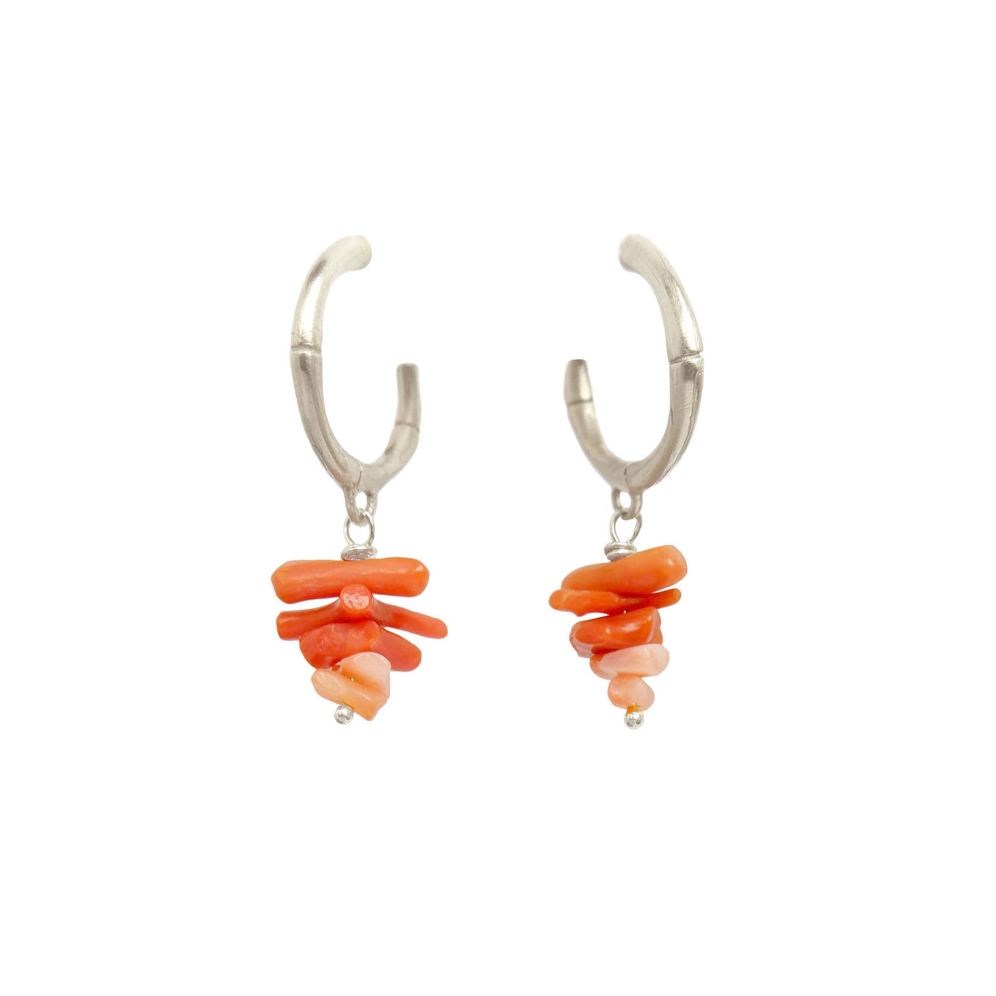 small sterling silver bamboo hoops, with stacked coral branch bead charms