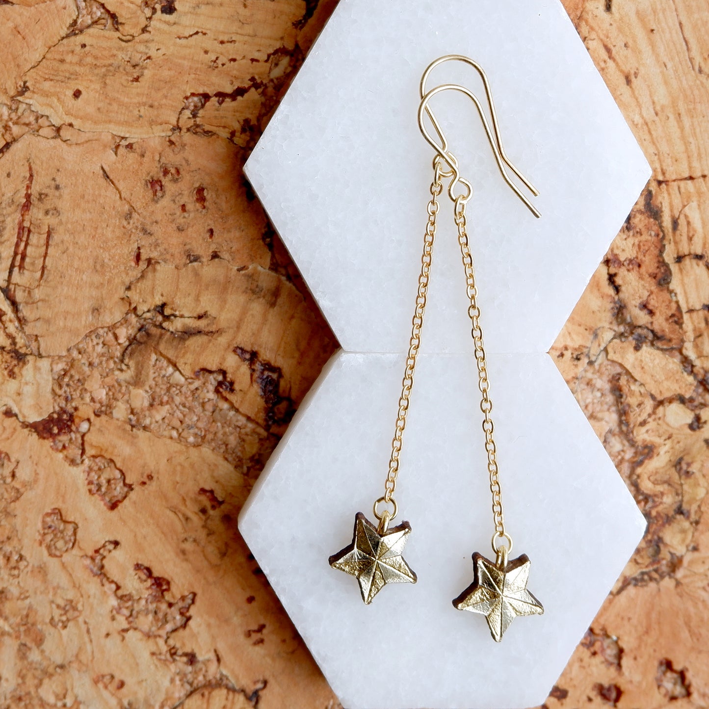 tiny gold leather star drop earrings
