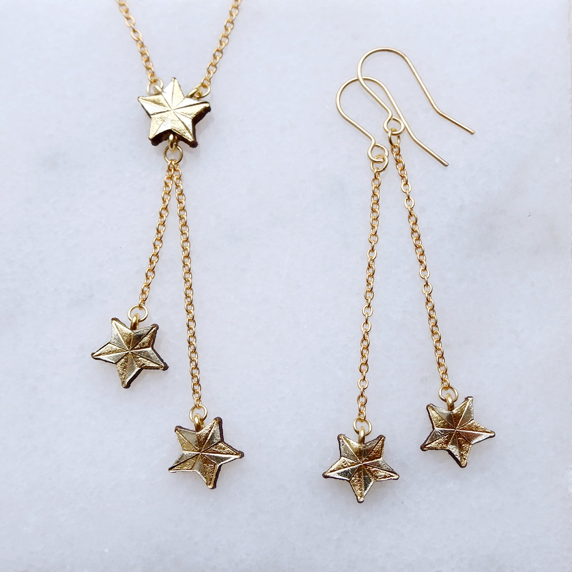 tiny gold leather star drop earrings & necklace