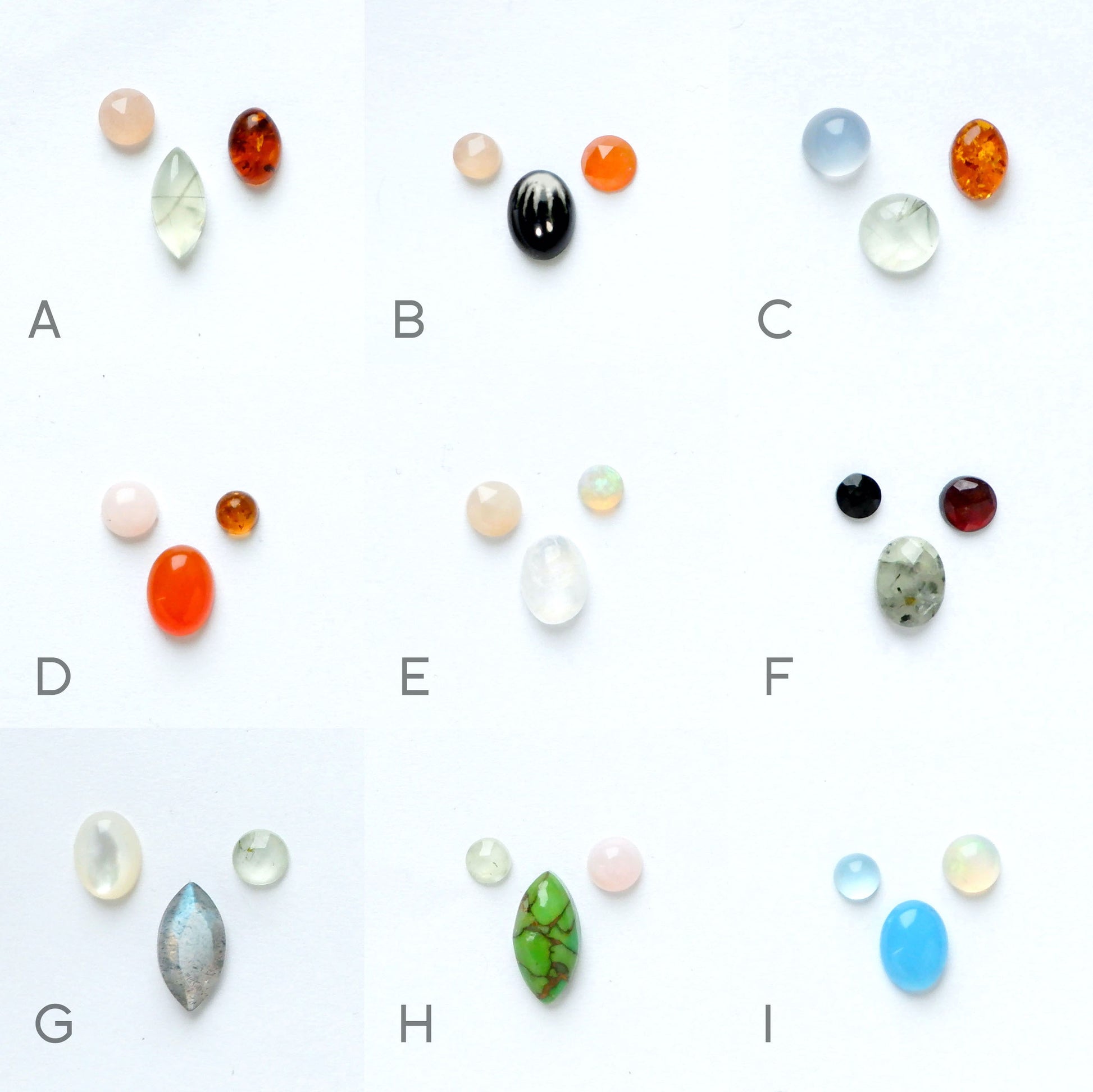 photograph of 9 sets of gemstones - the colour options for bombelli half moon squirrel drop earrings