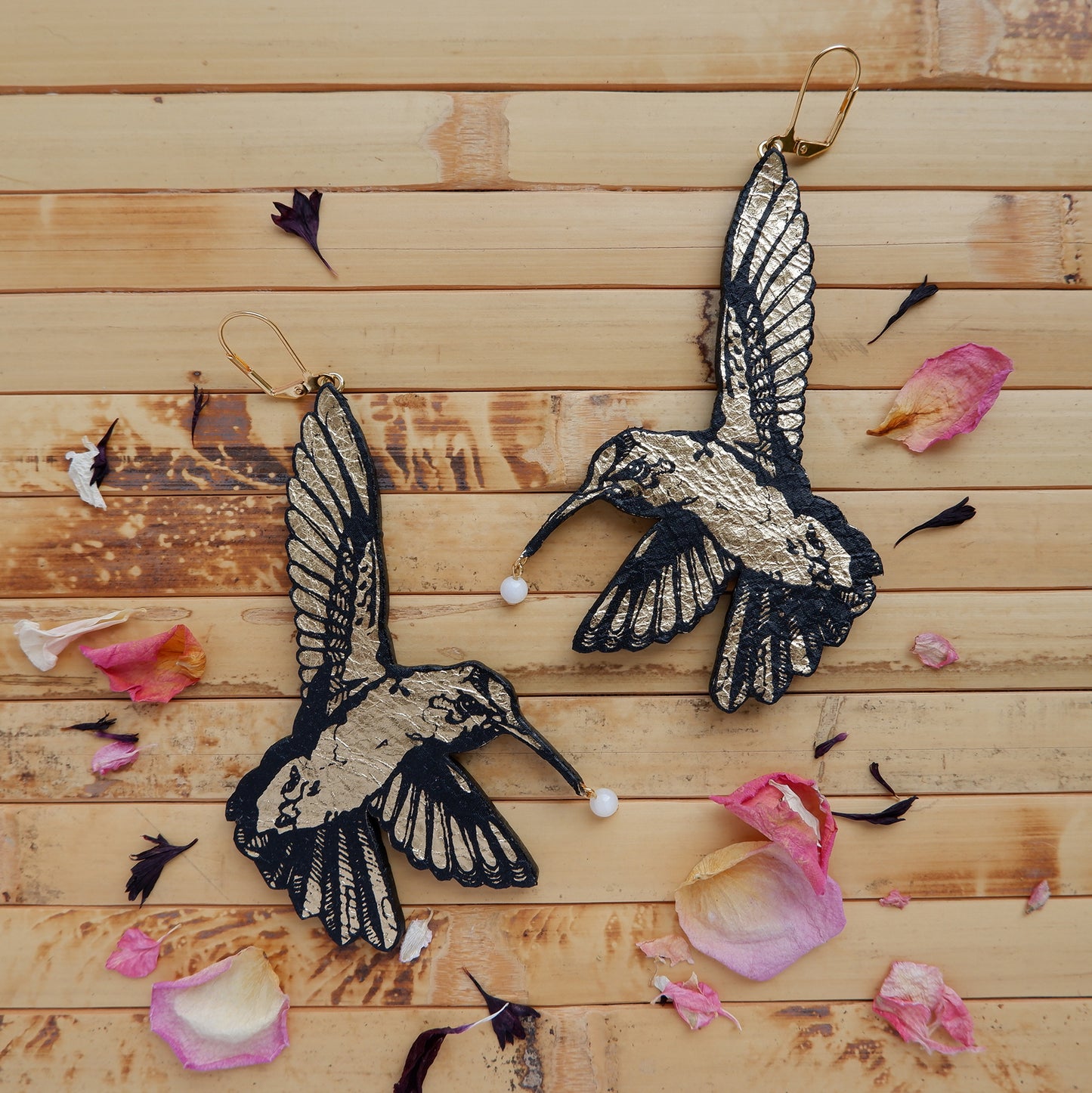 gold screen-printed leather hummingbird earrings