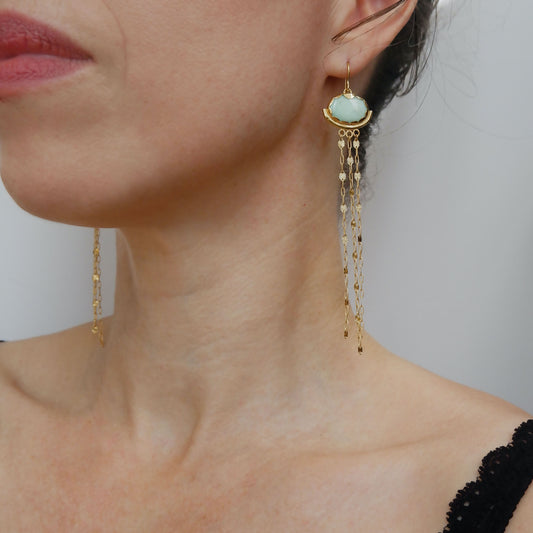 Gold vermeil and pastel mint gemstone chandelier earrings. milky Chrysoprase ovals, with subtle natural marbling, are encased in a pretty Gold Vermeil scalloped frame, gently resting in a slender bamboo "hammock", and adorned with the delicate starburst chain tassels.