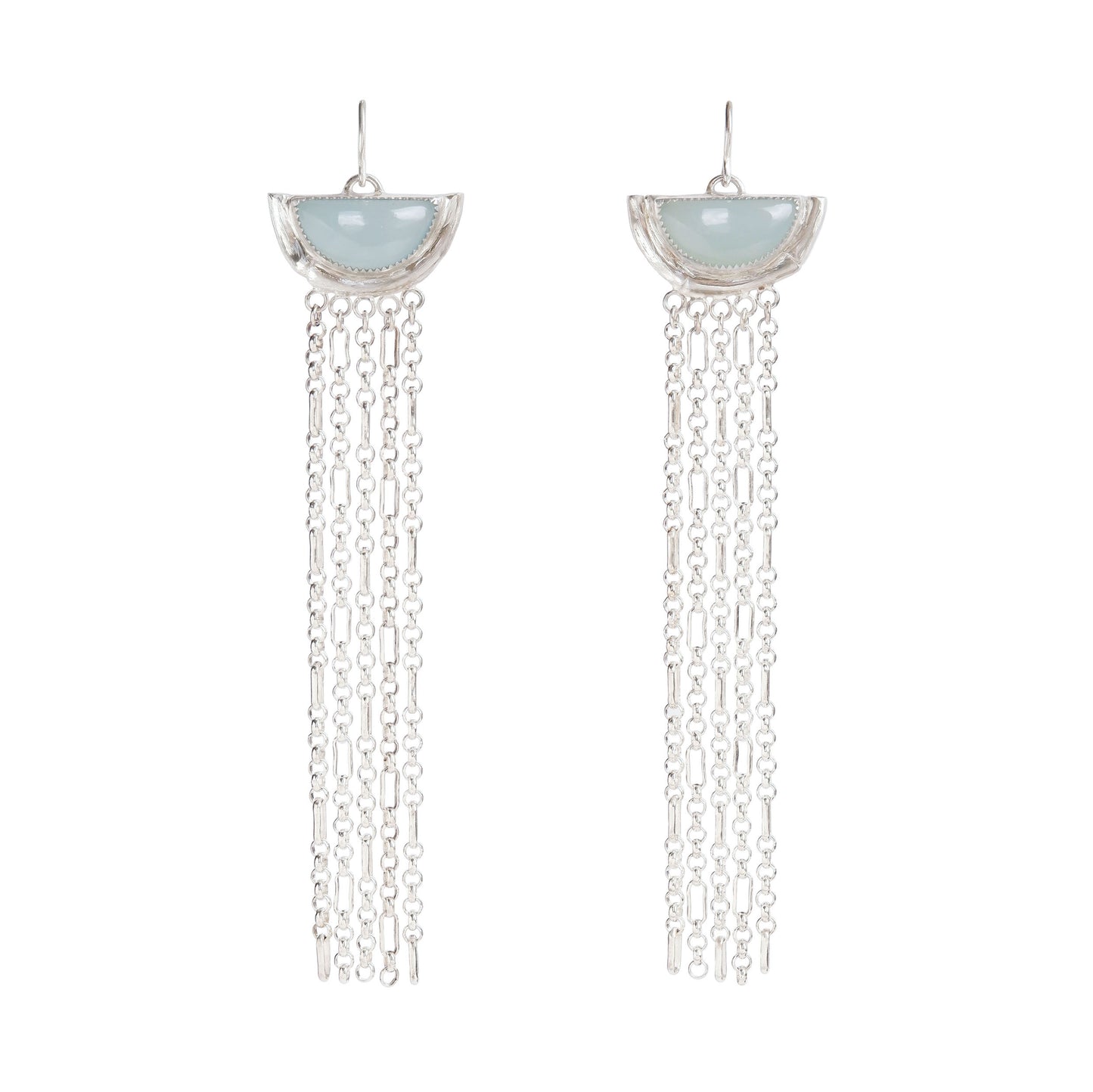 dramatic long chain fringe chandelier tassel earrings with half moon shaped semi precious aqua blue chalcedony gemstones,  cupped by solid silver bamboo hammock, with simple silver wire hooks.