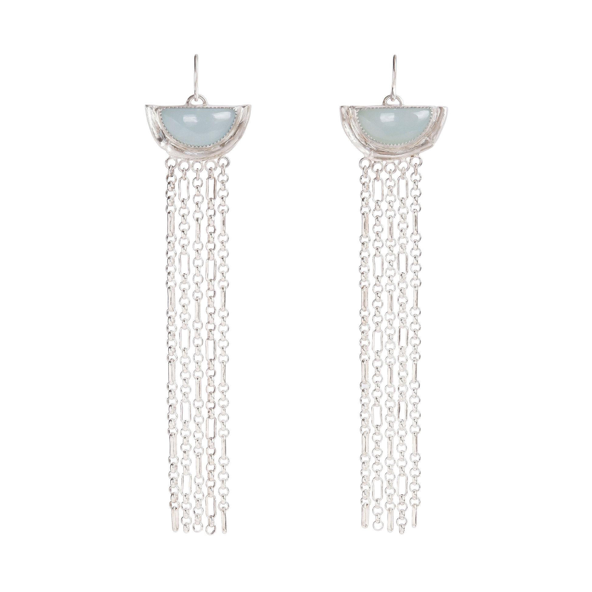 dramatic long chain fringe chandelier tassel earrings with half moon shaped semi precious gemstones,  cupped by solid silver bamboo hammock, with simple silver wire hooks.
