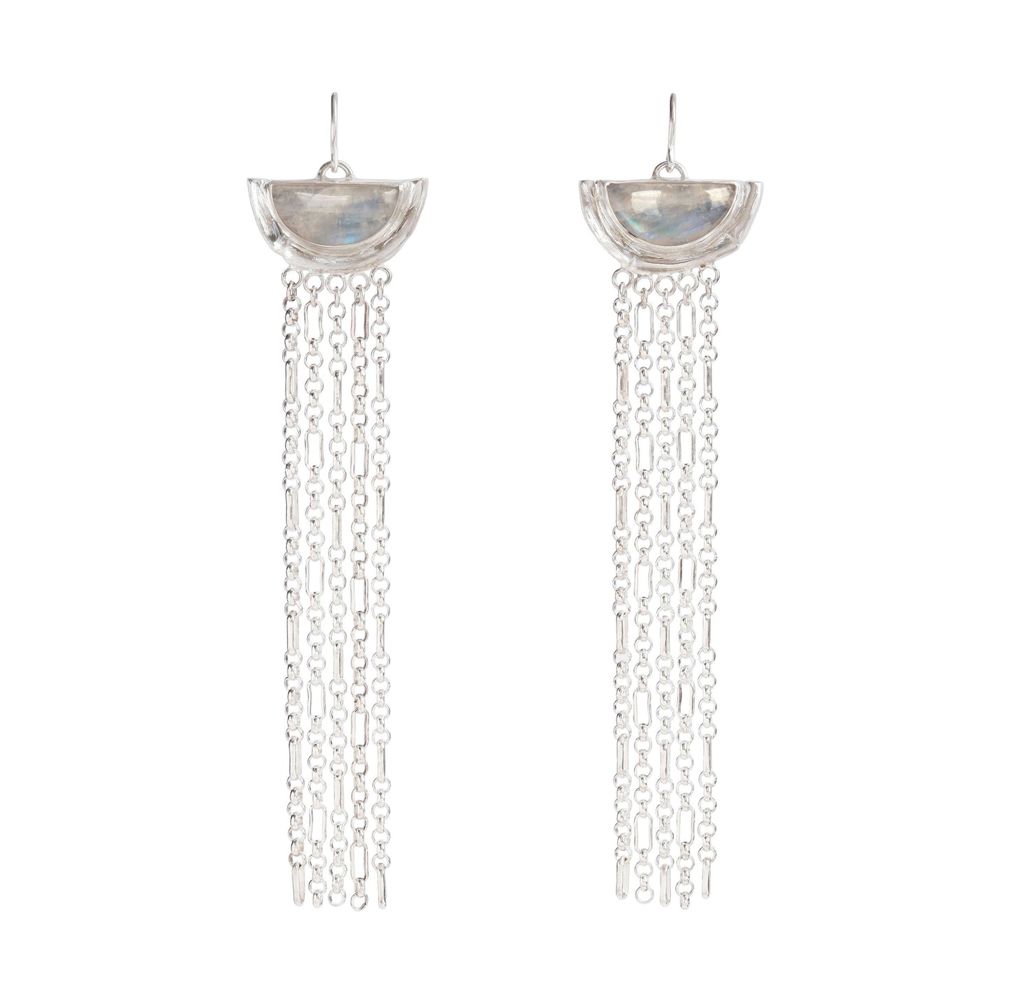 dramatic long chain fringe chandelier tassel earrings with half moon shaped semi precious Moonstone gemstones,  cupped by solid silver bamboo hammock, with simple silver wire hooks.