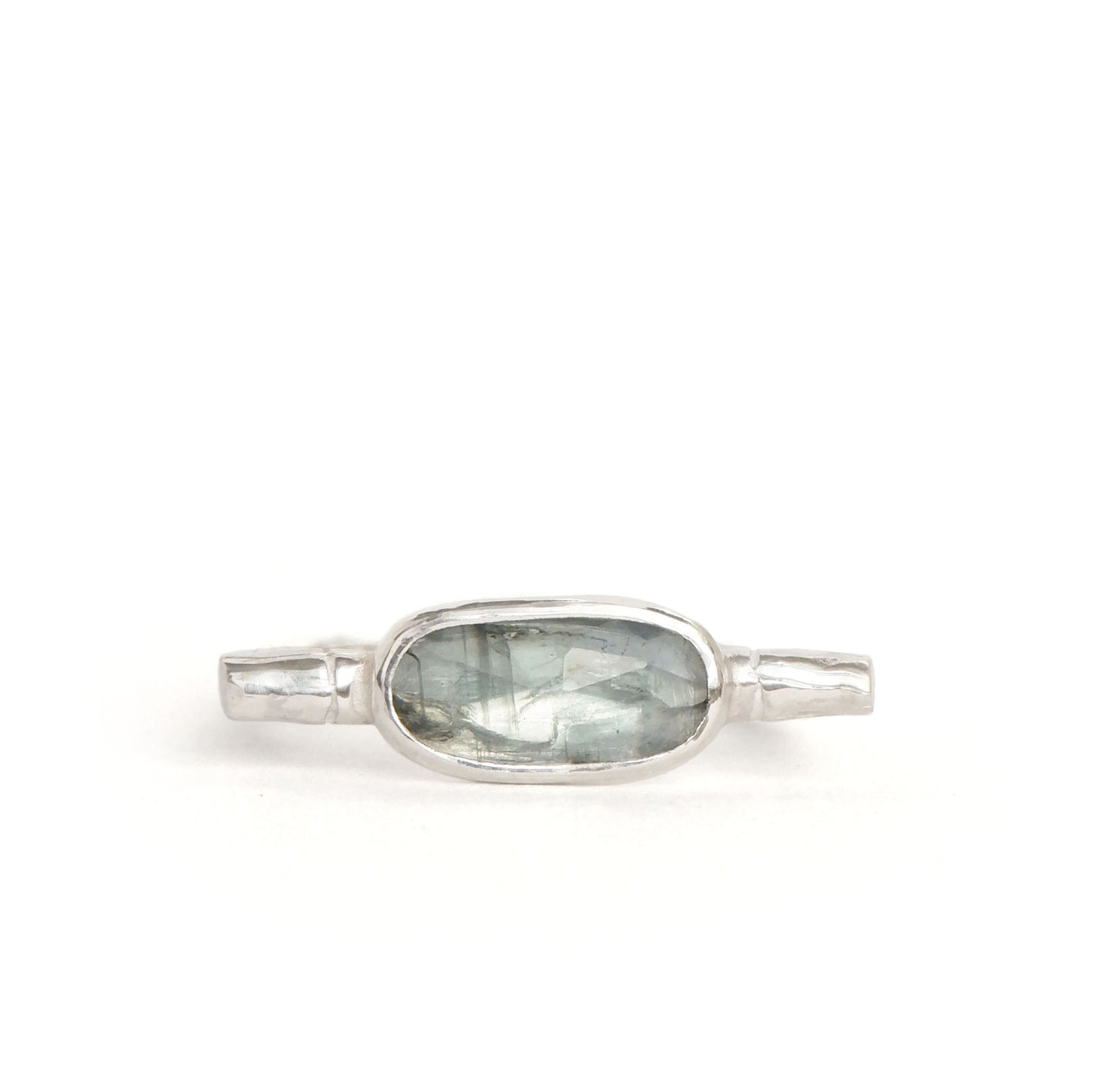 sterling silver organic bamboo cane ring, set with pale mint green kyanite cabochon