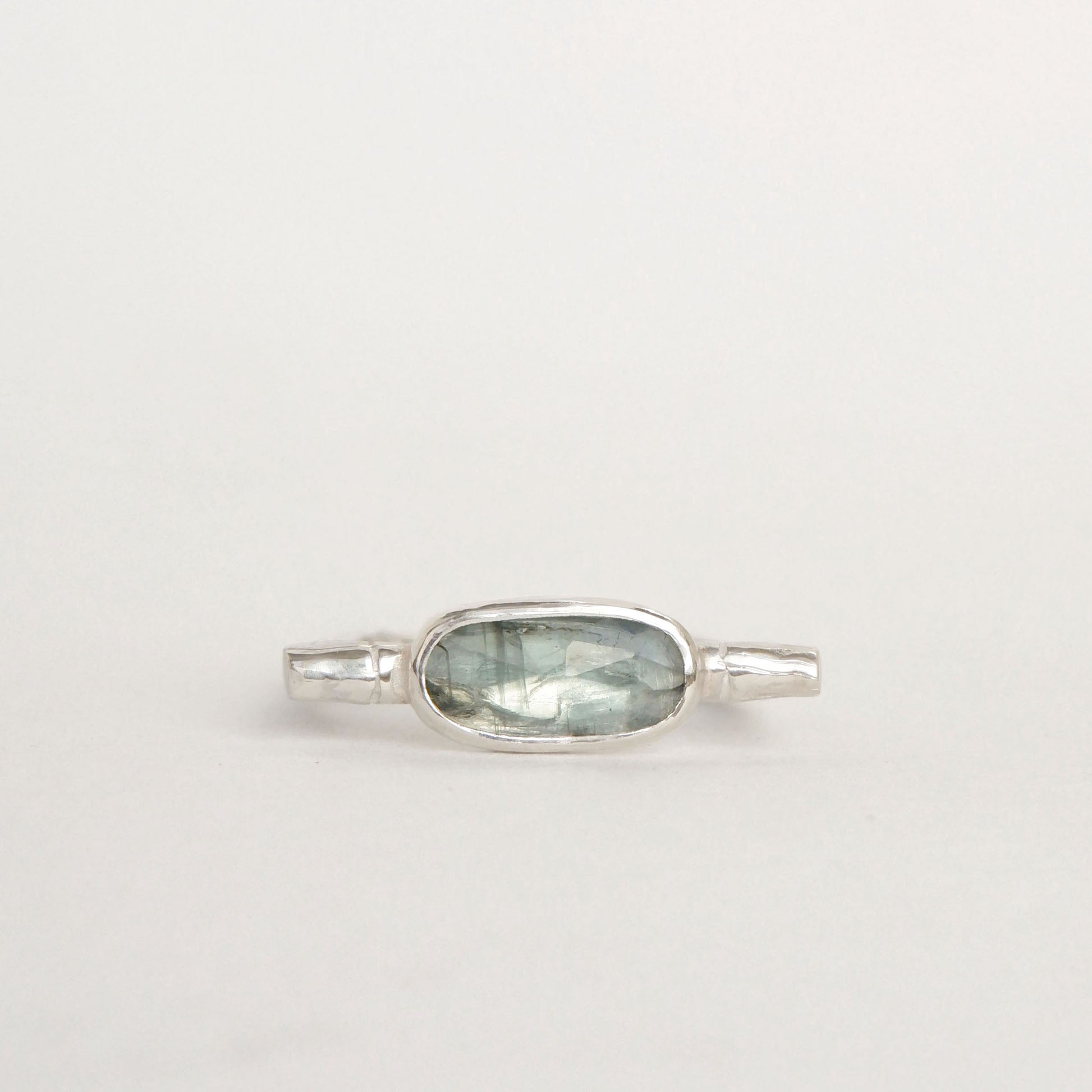 sterling silver organic bamboo cane ring, set with pale mint green kyanite cabochon, 