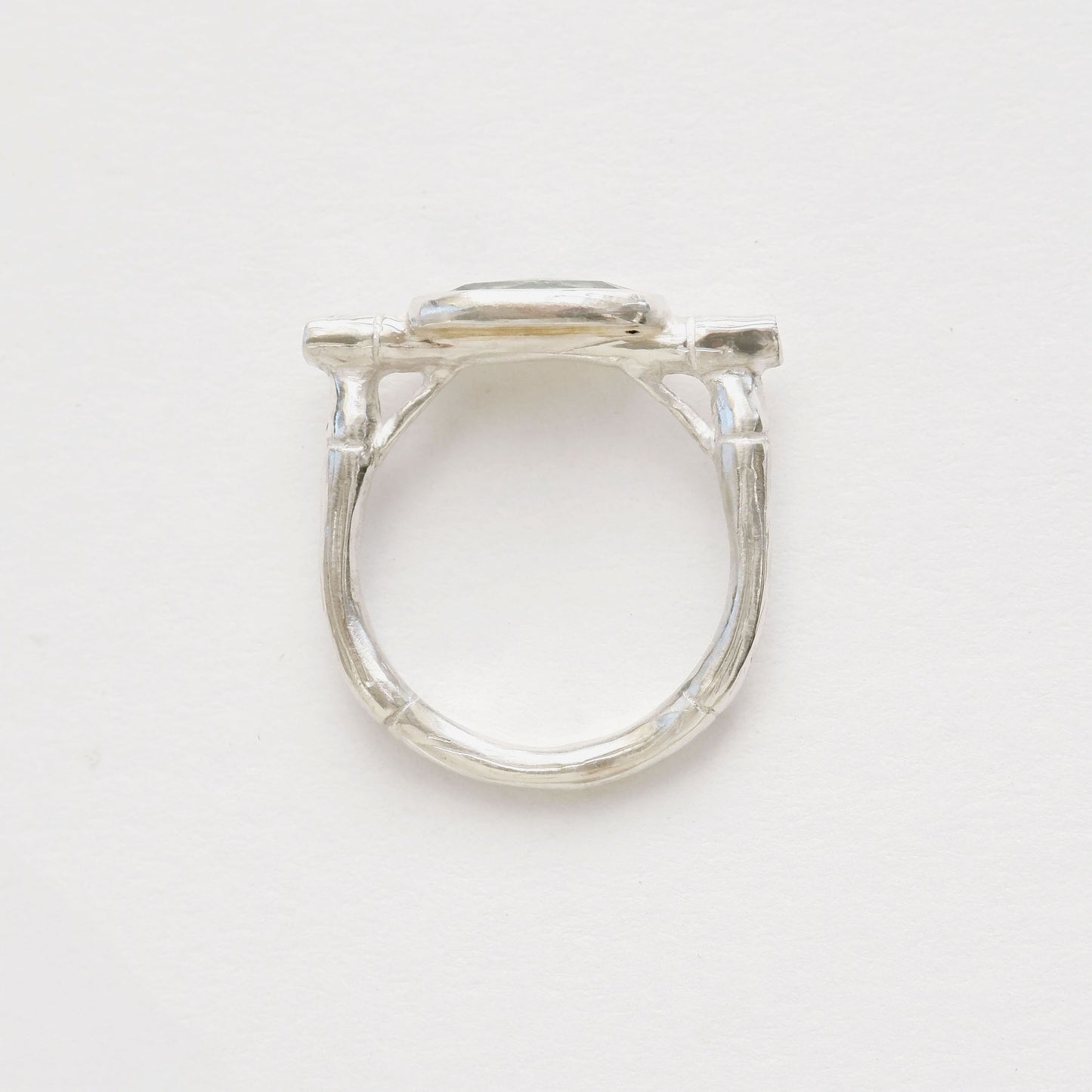 sterling silver organic bamboo cane ring, set with pale mint green kyanite cabochon