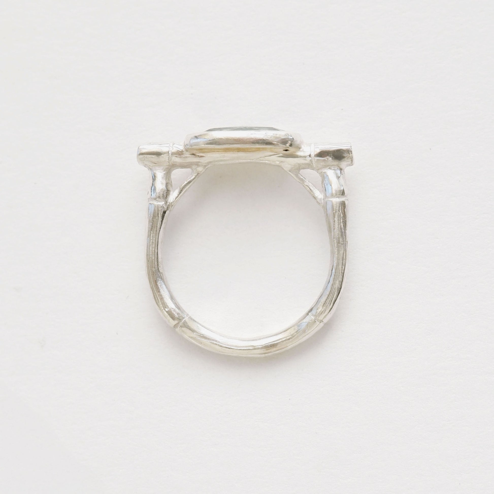 sterling silver organic bamboo cane ring, set with pale mint green kyanite cabochon