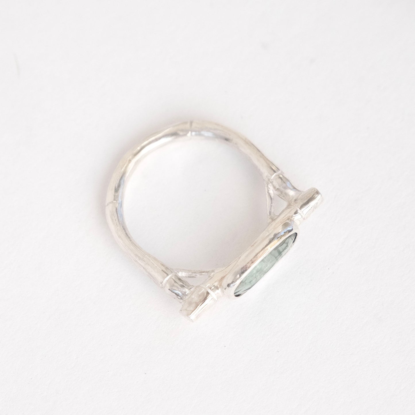 sterling silver organic bamboo cane ring, set with pale mint green kyanite cabochon