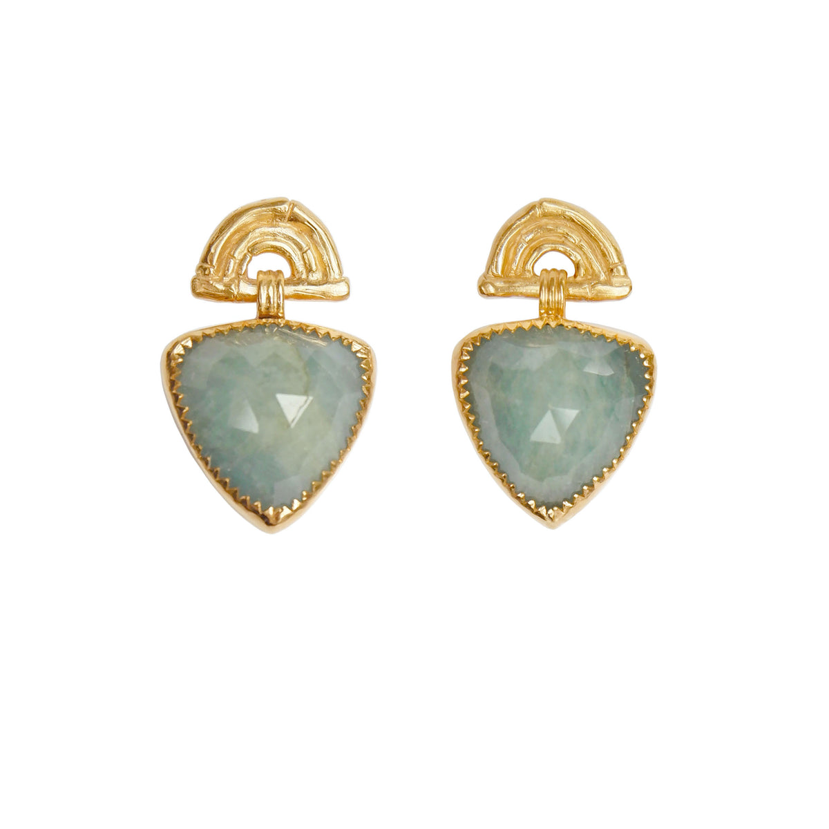Gold Vermeil stud drop earrings , featuring triple arches of bamboo, paired with a hanging faceted Trillion shaped Aquamarine gemstone charm pendant, set with serrated gold teeth.