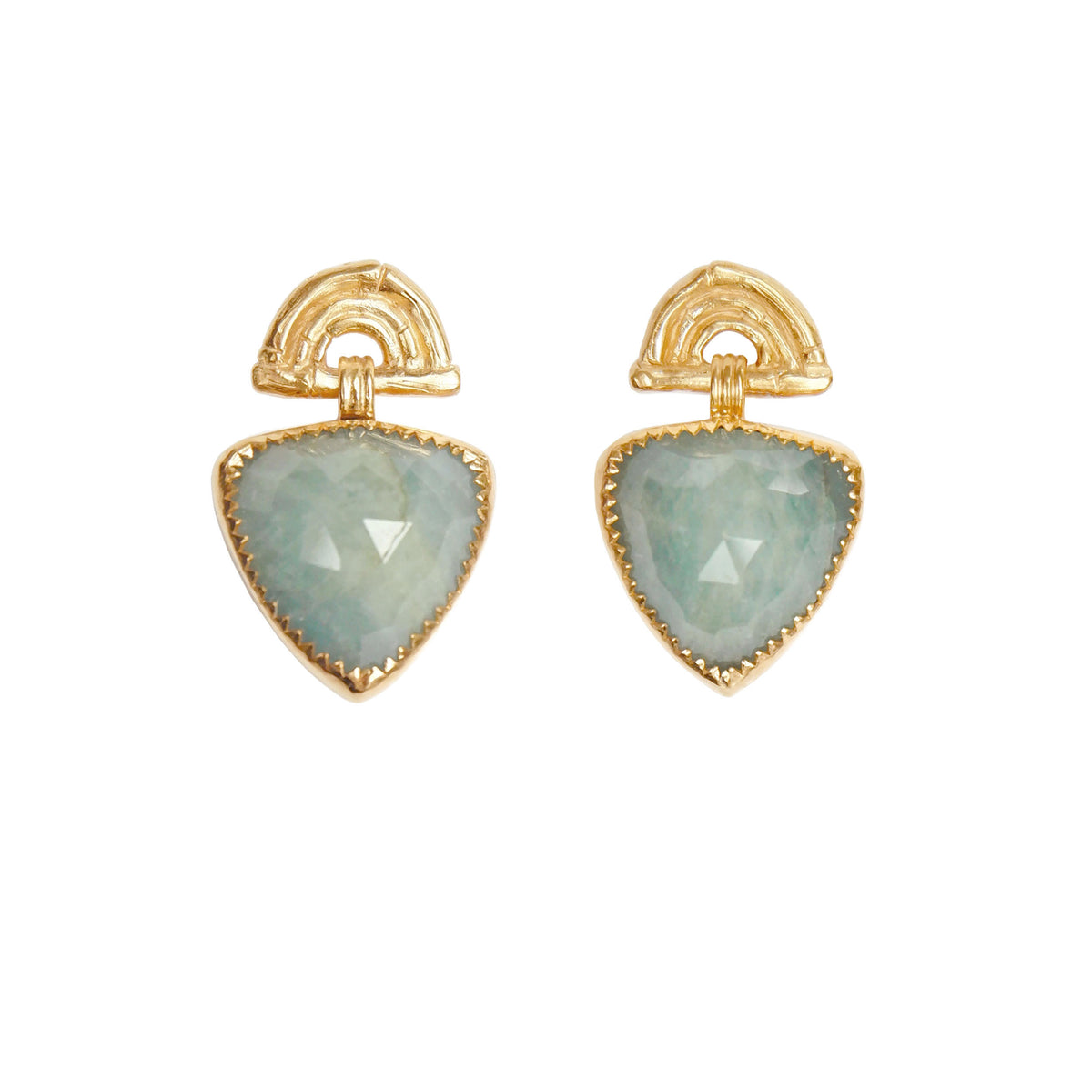 Gold Vermeil stud drop earrings , featuring triple arches of bamboo, paired with a hanging faceted Trillion shaped Aquamarine gemstone charm pendant, set with serrated gold teeth.