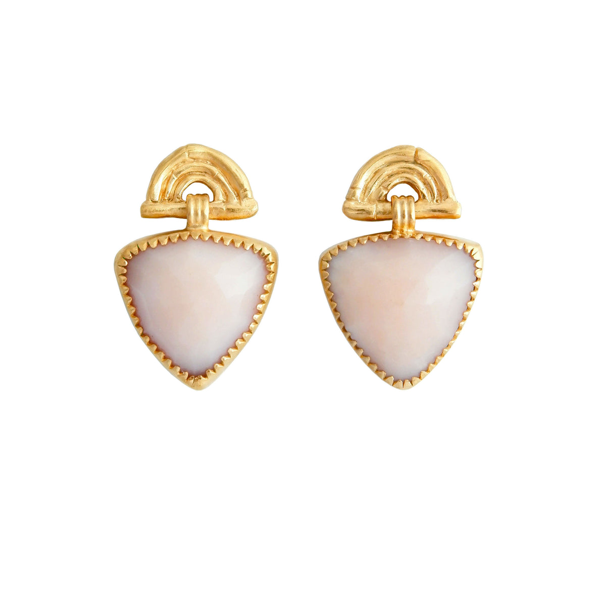 Gold Vermeil stud drop earrings , featuring triple arches of bamboo, paired with a hanging faceted Trillion shaped Pink Opal gemstone charm pendant, set with serrated gold teeth.
