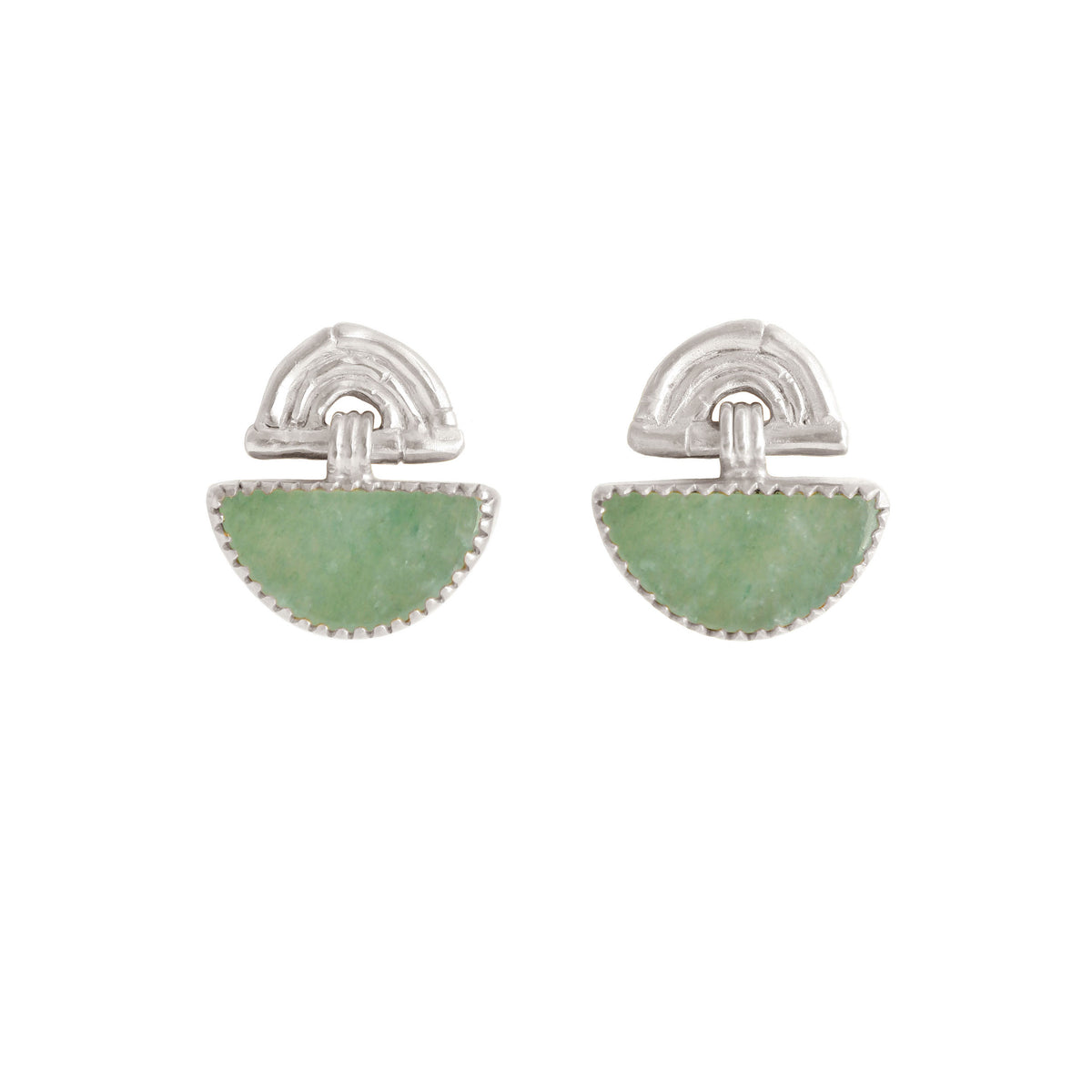 small stud earrings in sterling silver, featuring triple arches of bamboo, hung with a half moon shaped Sea green Aventurine gemstone, set with silver teeth.