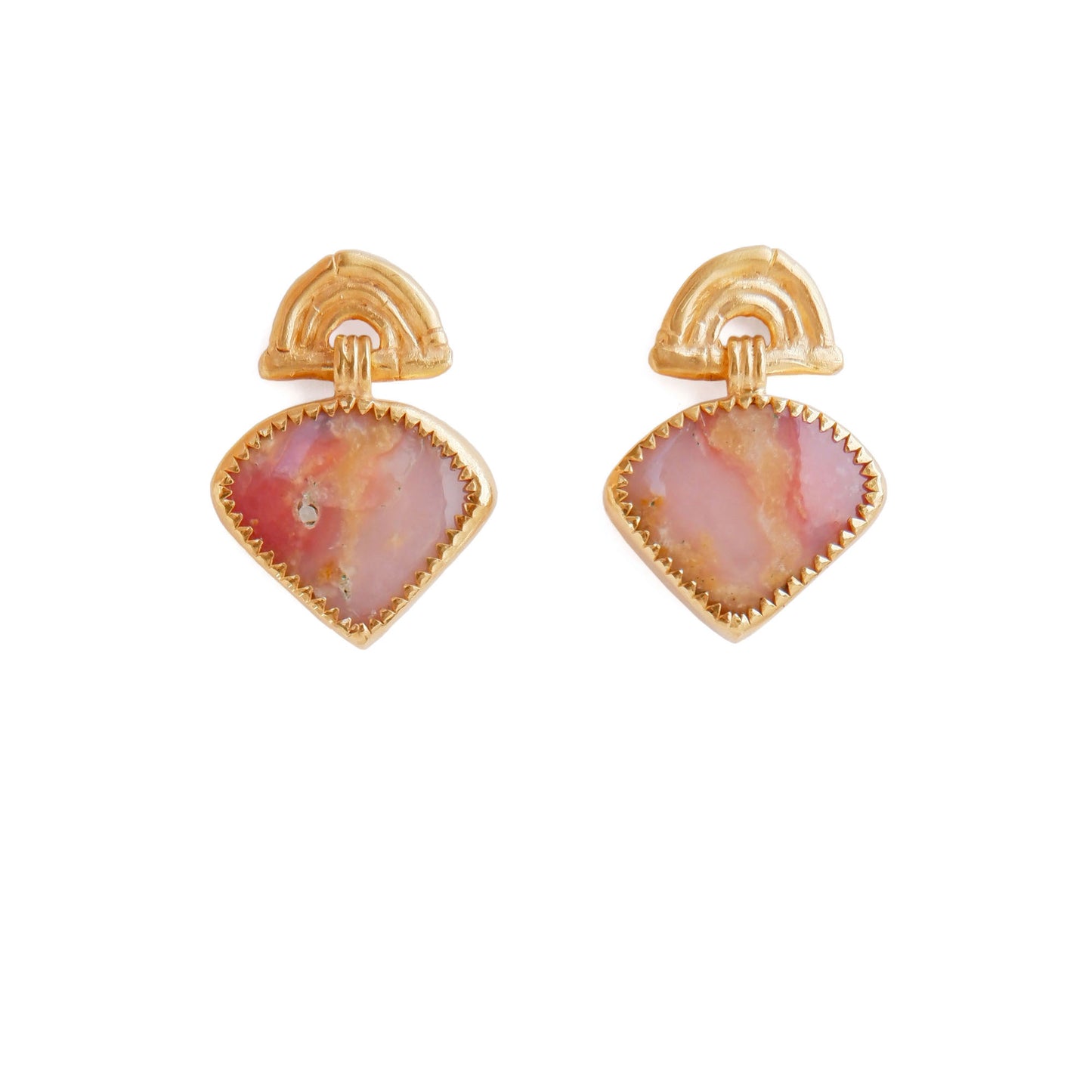 small stud earrings in gold vermeil, featuring triple arches of bamboo, hung with fan shaped pink opal gemstone charm pendants, set with gold teeth. white background