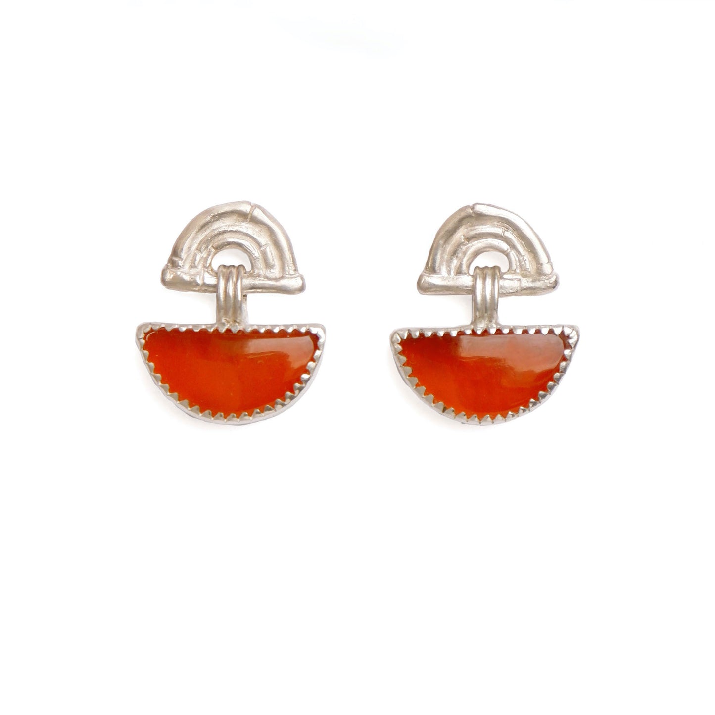 small stud earrings in sterling silver, featuring triple arches of bamboo, hung with a half moon shaped Carnelian gemstone, set with silver teeth.