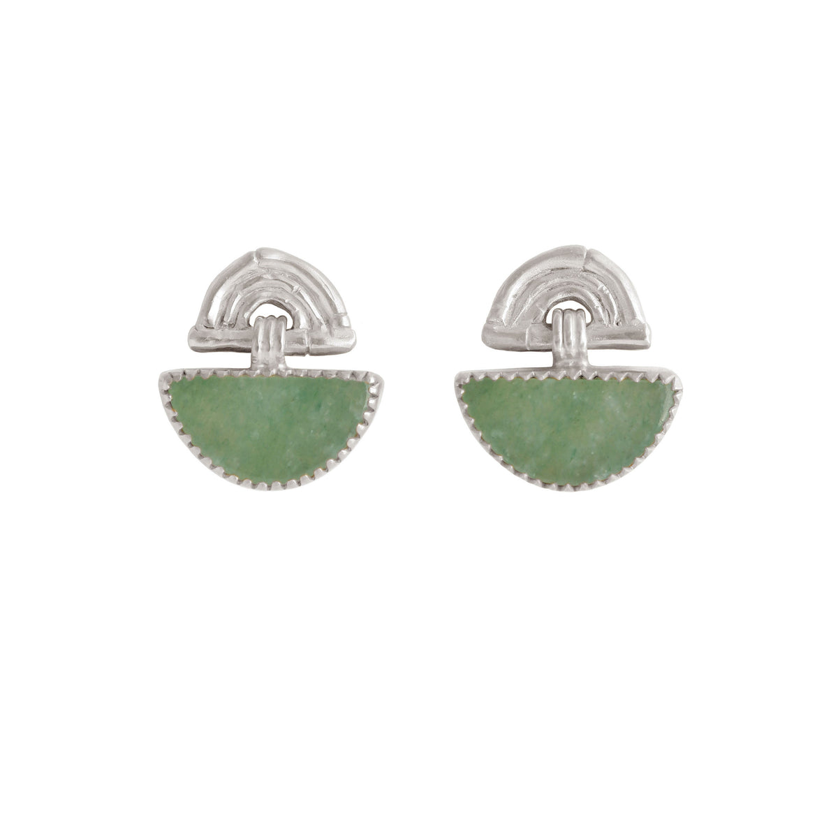 small stud earrings in sterling silver, featuring triple arches of bamboo, hung with a half moon shaped Sea green Aventurine gemstone, set with silver teeth.