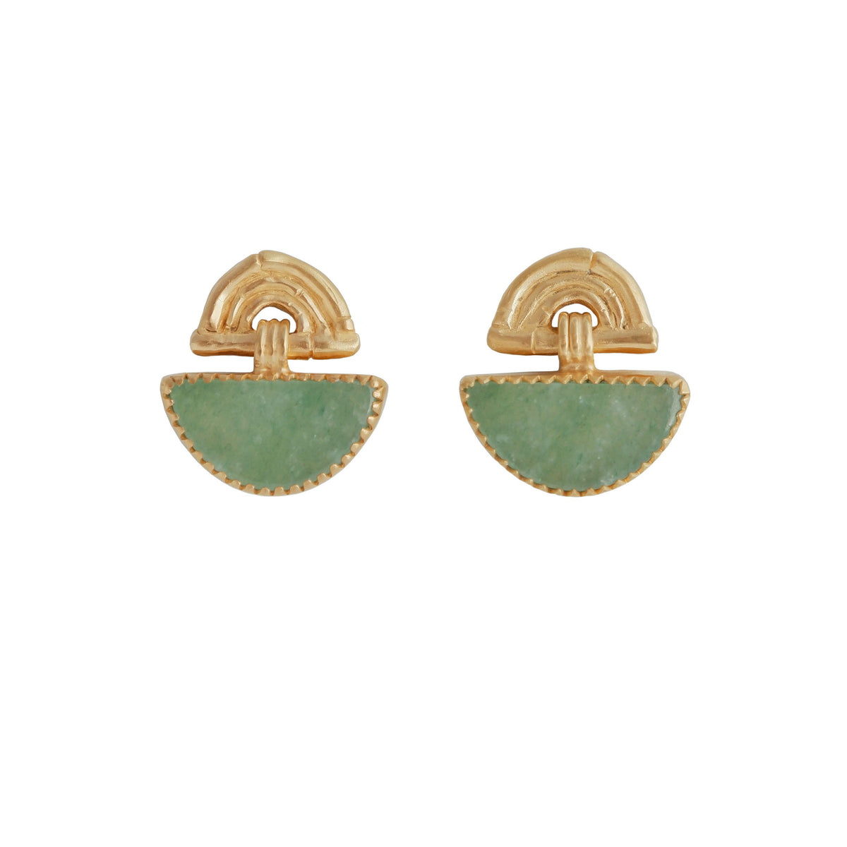 small stud earrings in gold vermeil, featuring triple arches of bamboo, hung with a half moon shaped Sea green Aventurine gemstone, set with gold teeth.