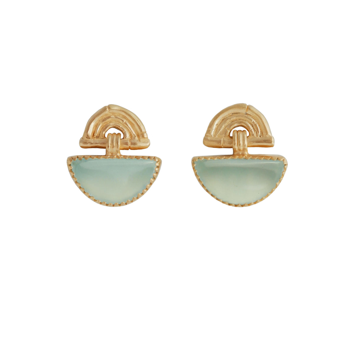 small stud earrings in gold vermeil, featuring triple arches of bamboo, hung with a half moon shaped aqua blue Chalcedony gemstone, set with gold teeth.