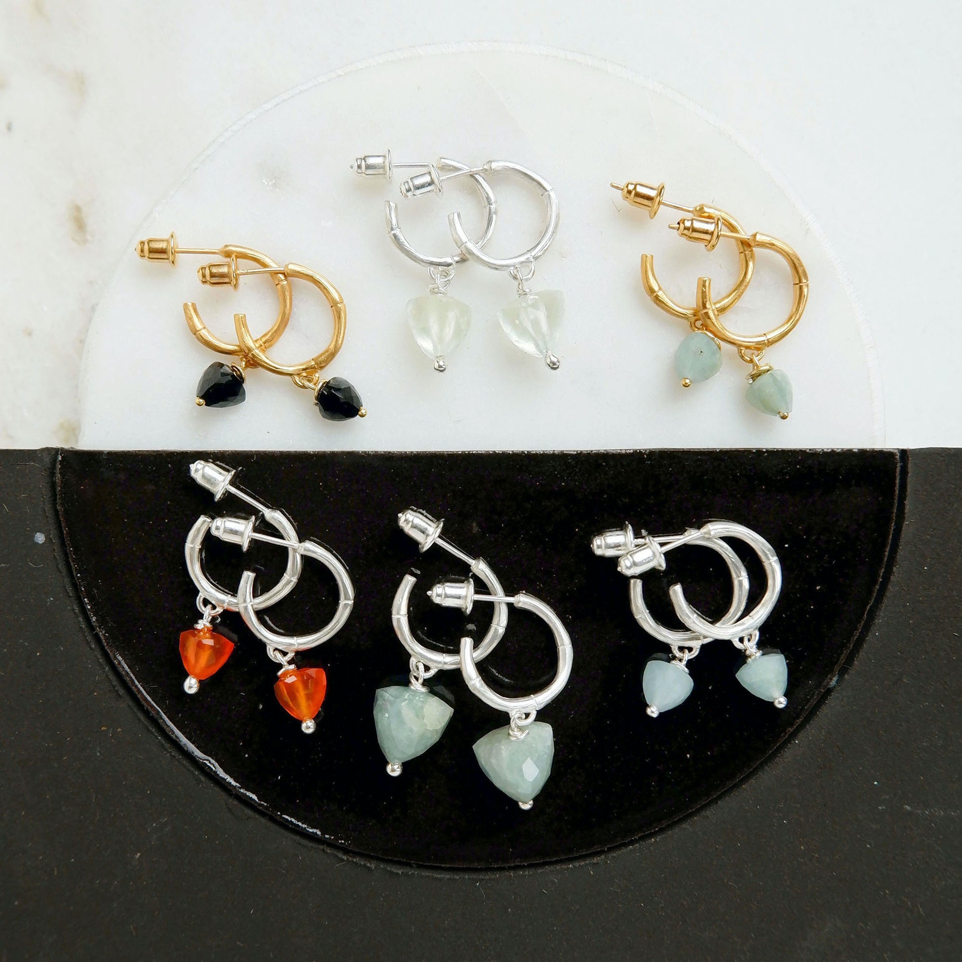small gold  and silver bamboo stud hoops, with faceted trillion pyramid bead charms in Aquamarine, Prehnite, Black Onyx and Carnelian (different size gemstone beads)