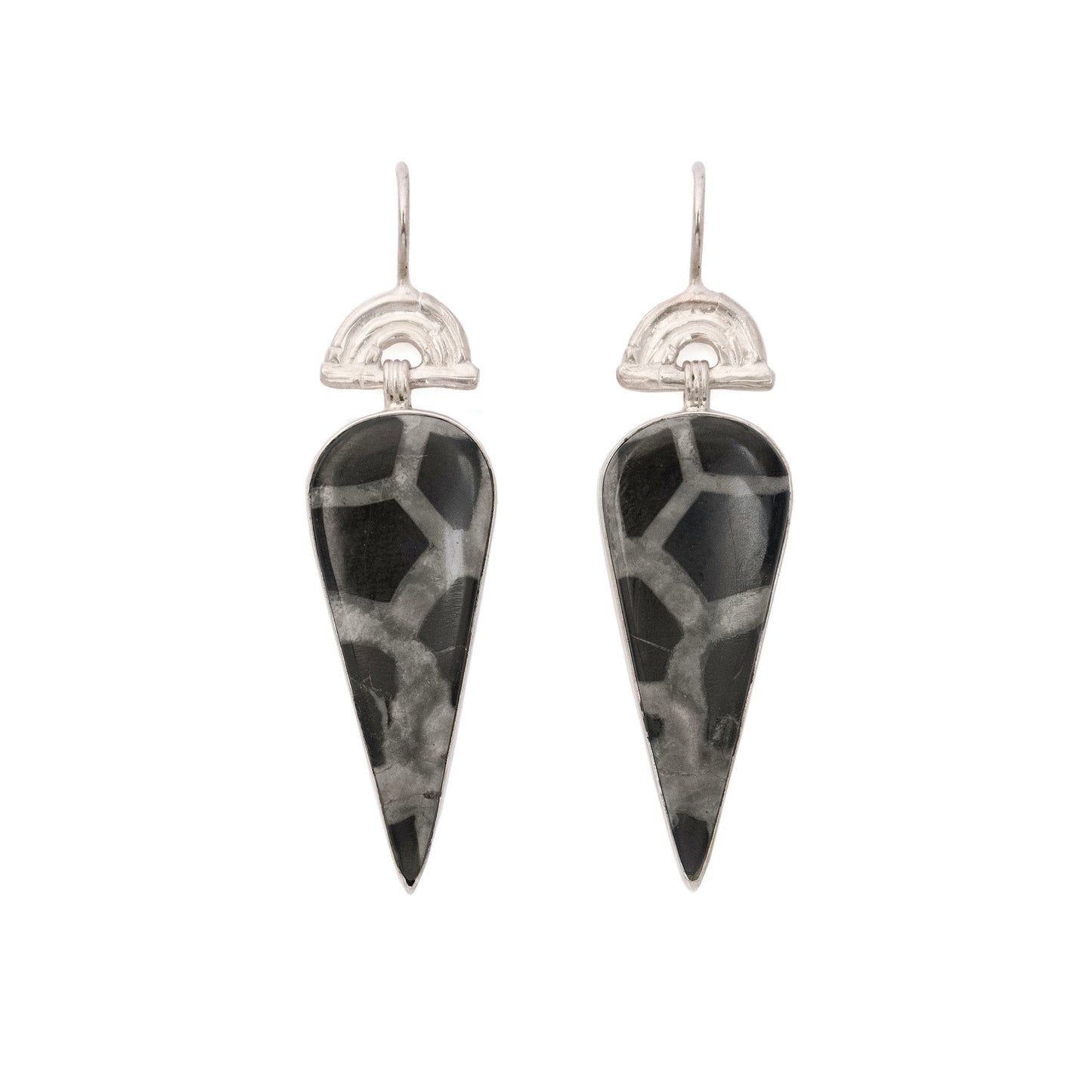 drop earrings in sterling silver, featuring triple arches of bamboo on hook fittings, hung with long pear/teardrop shaped black septarian gemstone pendants.